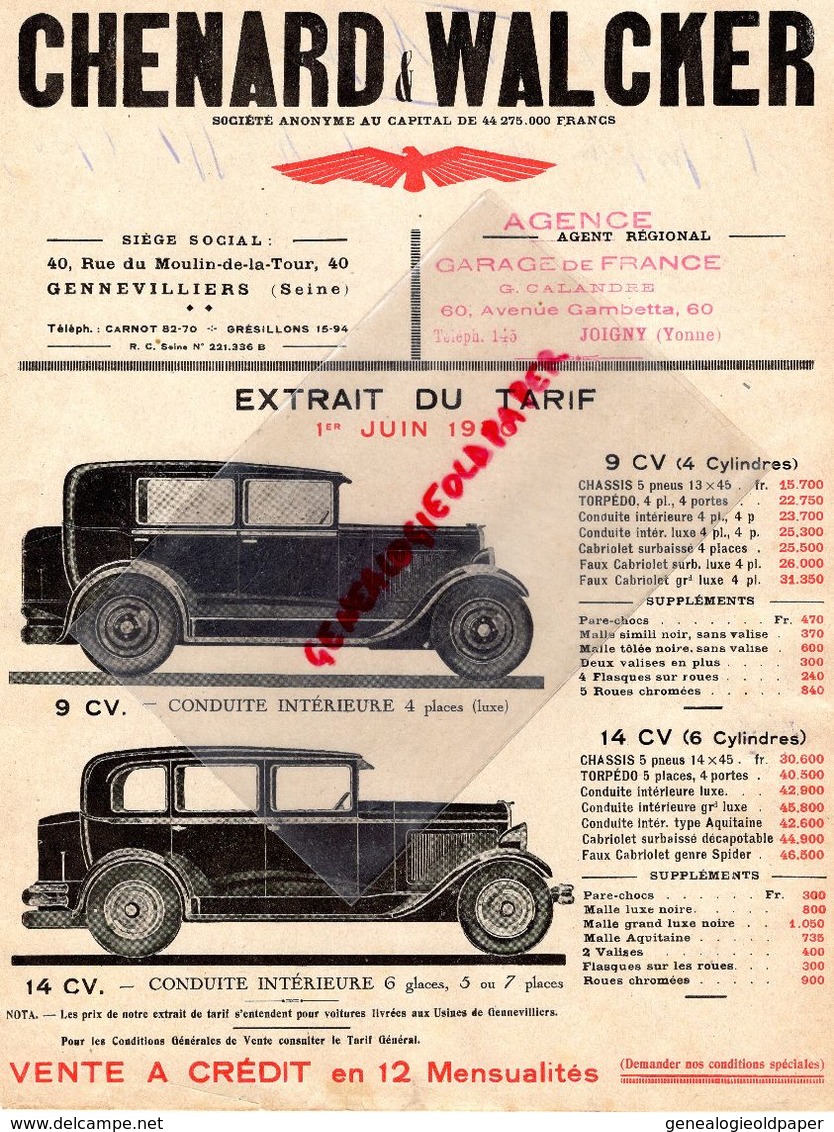 92- GENNEVILLIERS- 89- JOIGNY- RARE PUBLICITE CHENARD & WALCKER-EXTRAIT TARIF 1ER JUIN 1930- 9 CV- 14 CV - Automobile