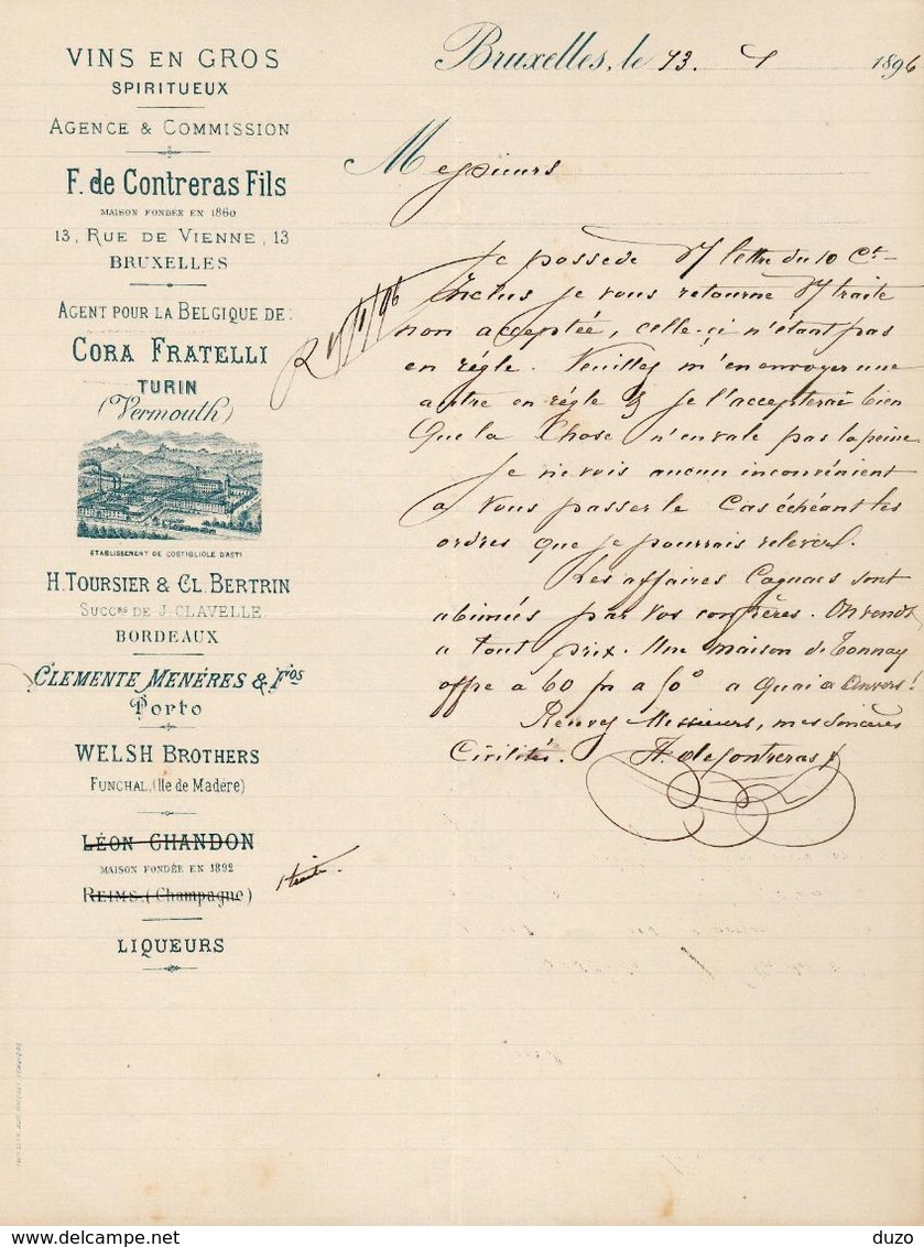 Bruxelles - Entête Du 23/1/1896 - Vins En Gros Spiritueux - F. De Contreras Fils - Agence & Commission. - Alimentaire