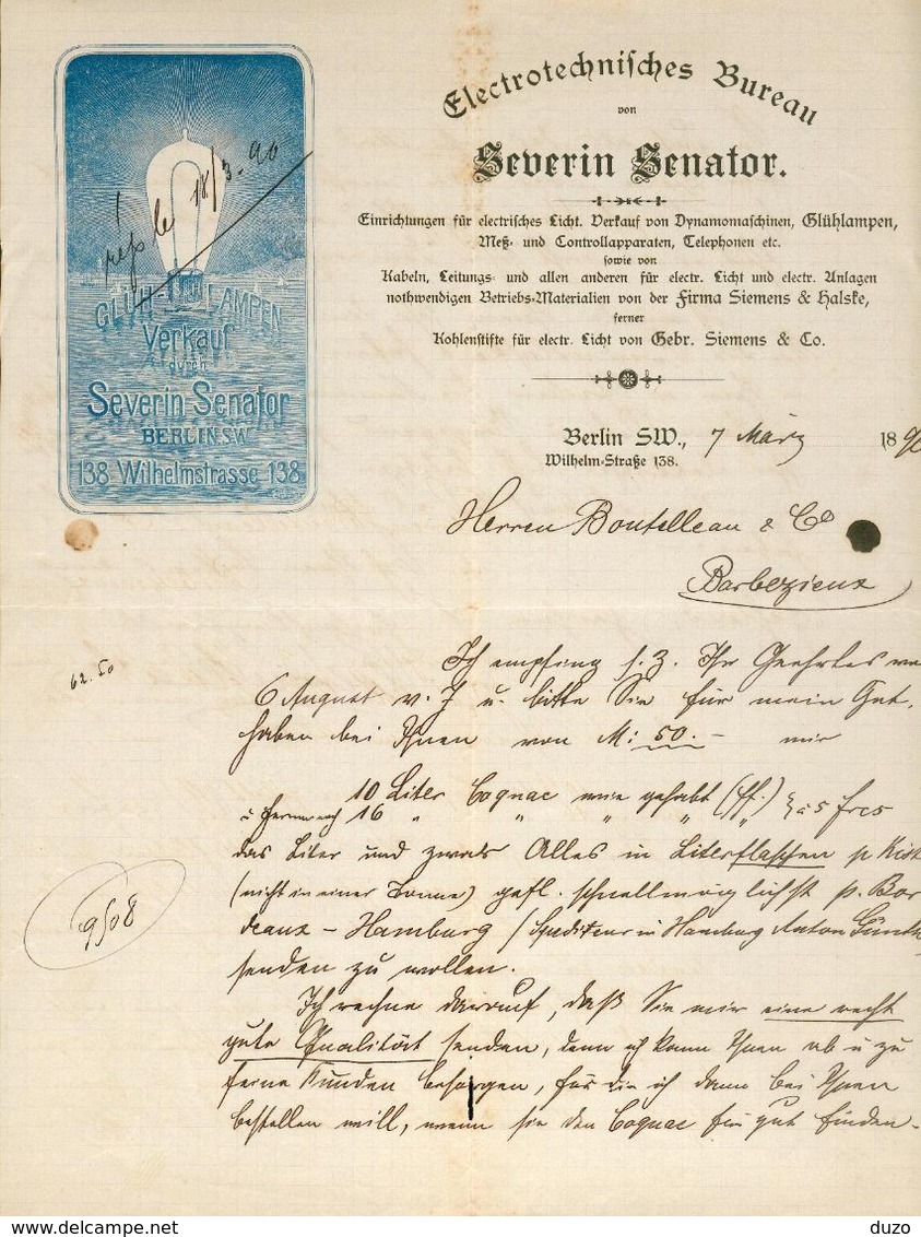 Allemagne - Berlin - Correspondance Recto/Verso Du 7 Mars 1890 - Electrotechnifches Bureau Von Severin Senator. - 1800 – 1899