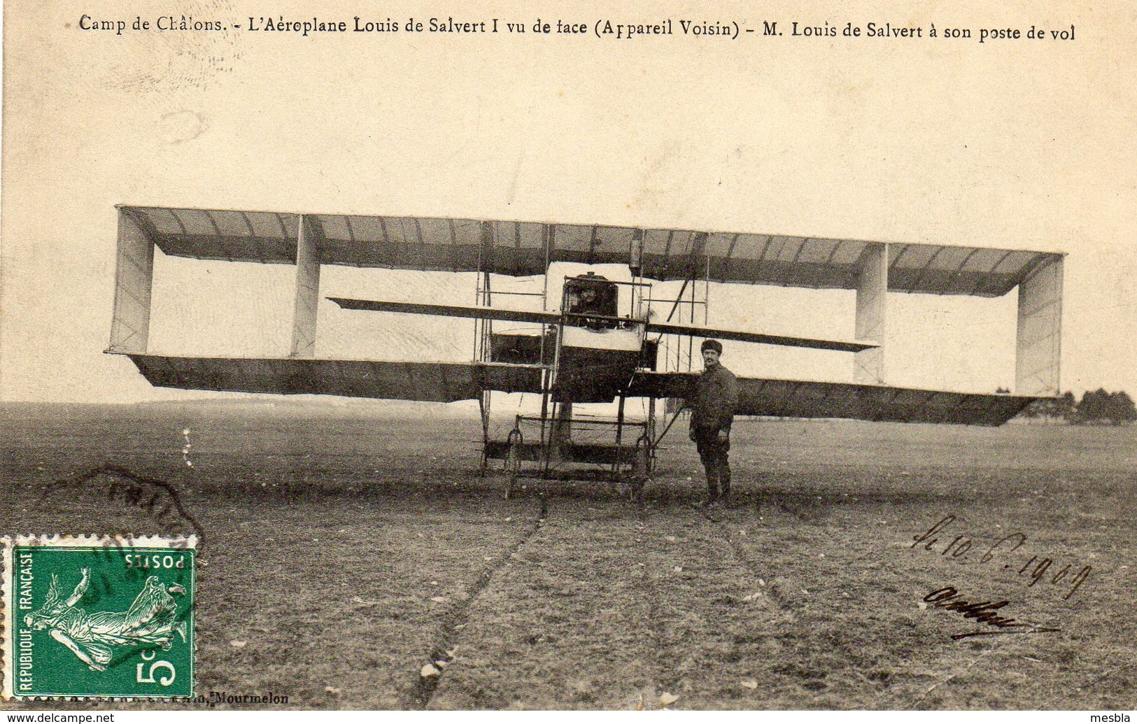 CPA -  Camp De CHALONS -  L'Aéroplane Louis De Salvert I Vu De Face ( Appareil Voisin) Louis De Salvert à Son Poste . - Aviateurs