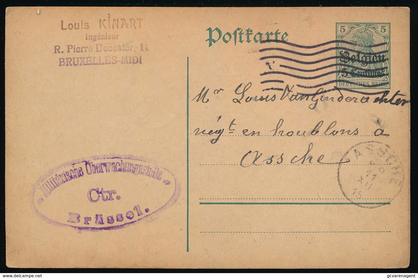 BRUXELLES KINART     - DUITSE CONTROLE STEMPEL 1915 - NAAR ASSE -  ZIE 2 AFBEELDINGEN - Asse