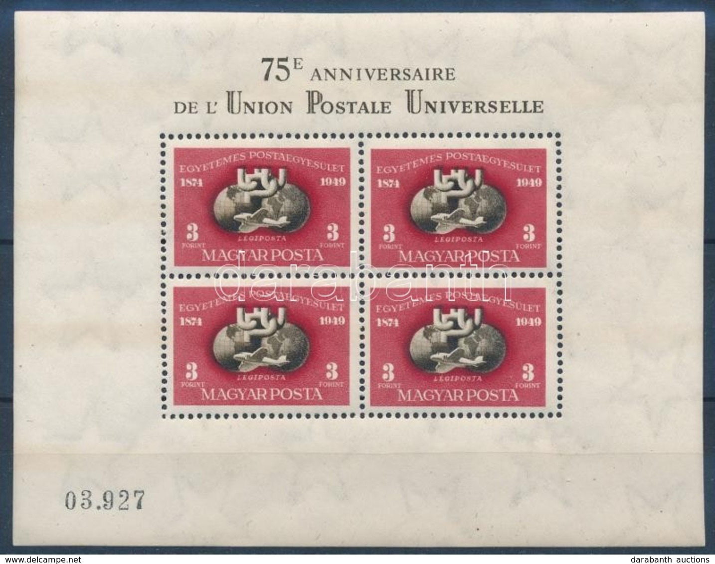 ** 1950 UPU Blokk (140.000) (barna Csik A Gumin / Brownish Stripes On Gum) - Sonstige & Ohne Zuordnung