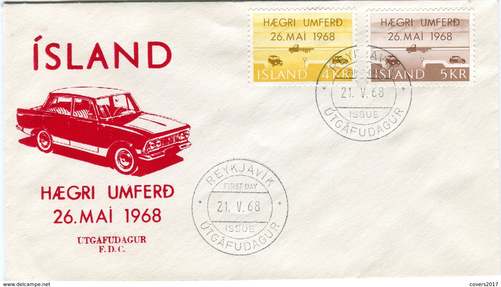 Iceland/Islande/Ijsland/Island FDC 21.V.1968 Right Hand Traffic Matching Cover - FDC