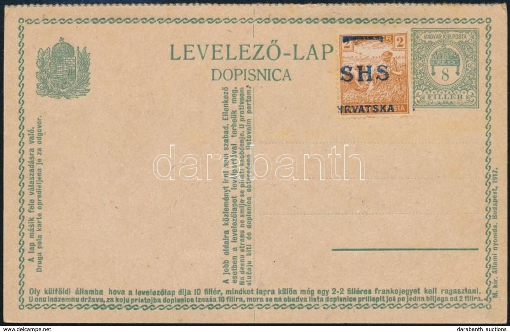 1917 Hasznalatlan Valaszlevelez?lap SHS Dijkiegeszitessel (Si 19) - Other & Unclassified
