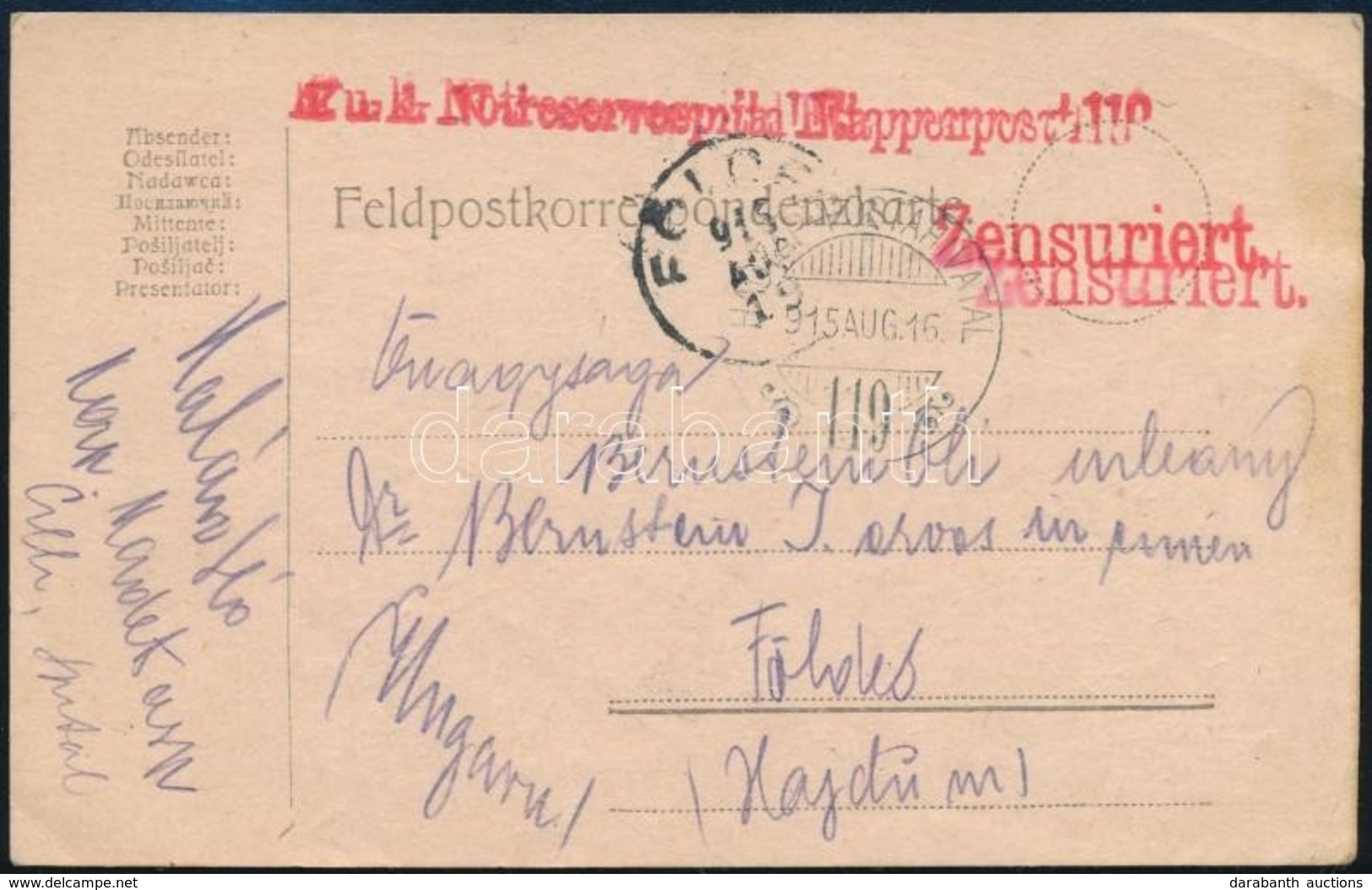 1915 Tabori Posta Levelez?lap 'K.u.k. Notreservespital Etappenpost 119' + 'HP 119' - Other & Unclassified