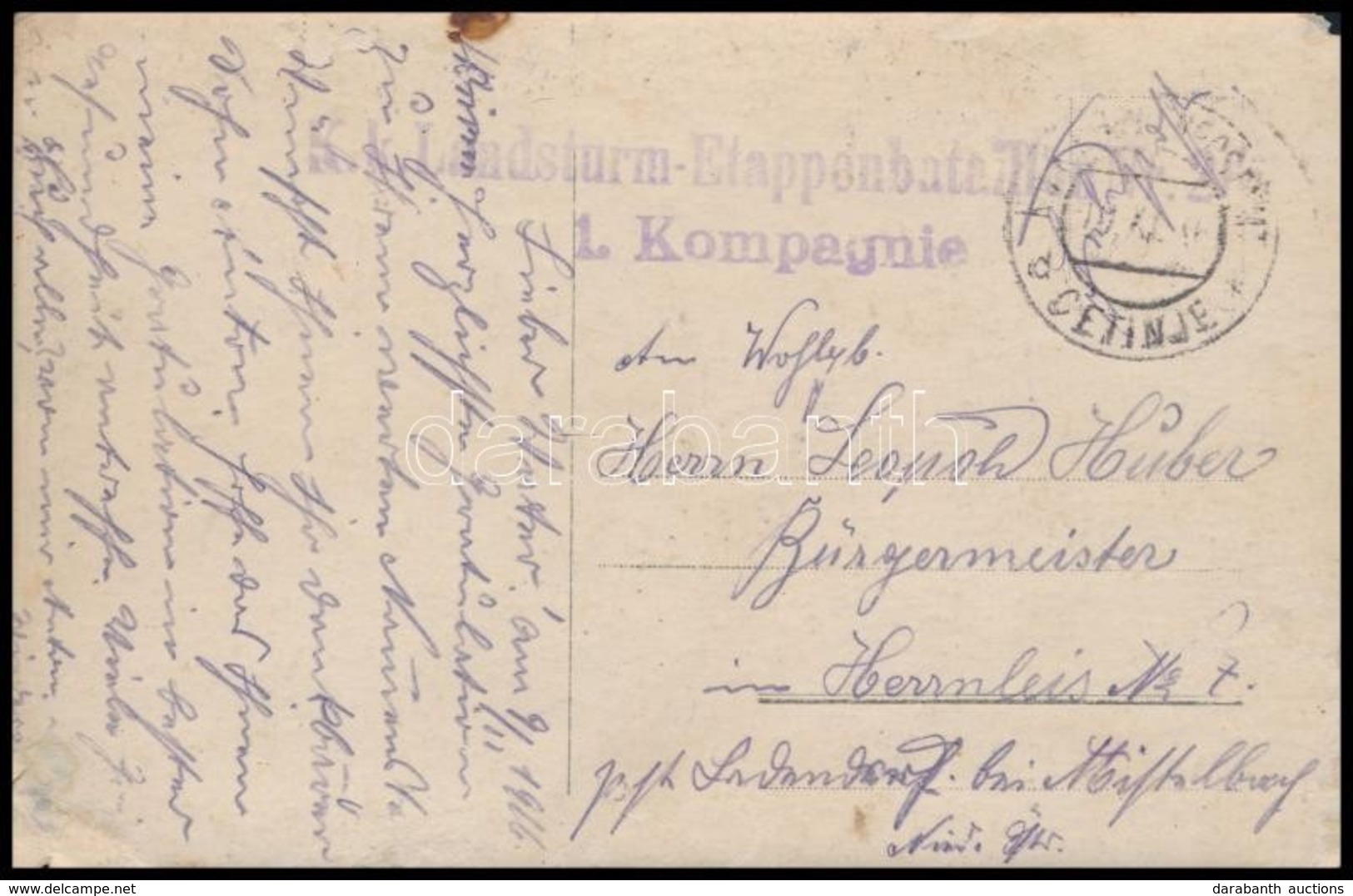 1916 Tabori Posta Kepeslap 'K.k. Landsturm Etappenbataillon Nr.2. 1. Kompagnie' + 'CETINJE D' - Andere & Zonder Classificatie
