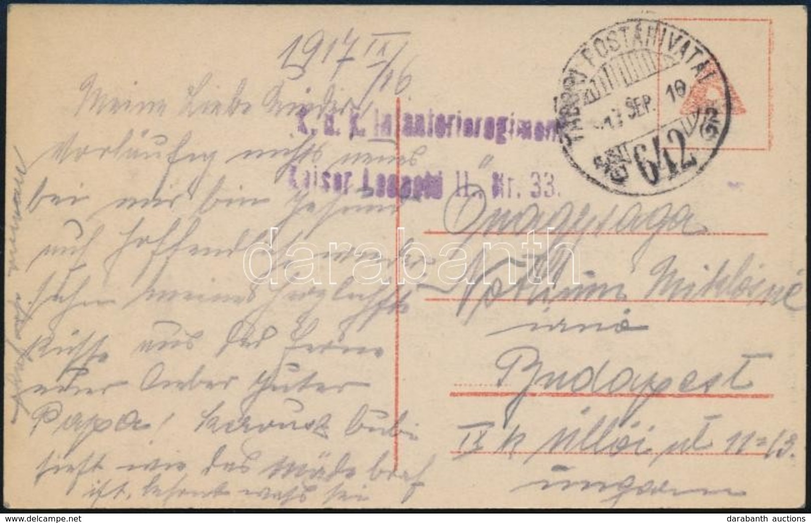 1917 Tabori Posta Kepeslap 'K.u.k. Infanterieregiment Kaiser Leopold II. Nr.33.' + 'TP 642' - Andere & Zonder Classificatie