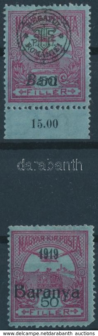 * Baranya I. 1919 Turul 50f Antikva Szamokkal (sarokhiba) + Nagyvarad 1919 50f, Mindkett? Bodor Vizsgalojellel - Andere & Zonder Classificatie