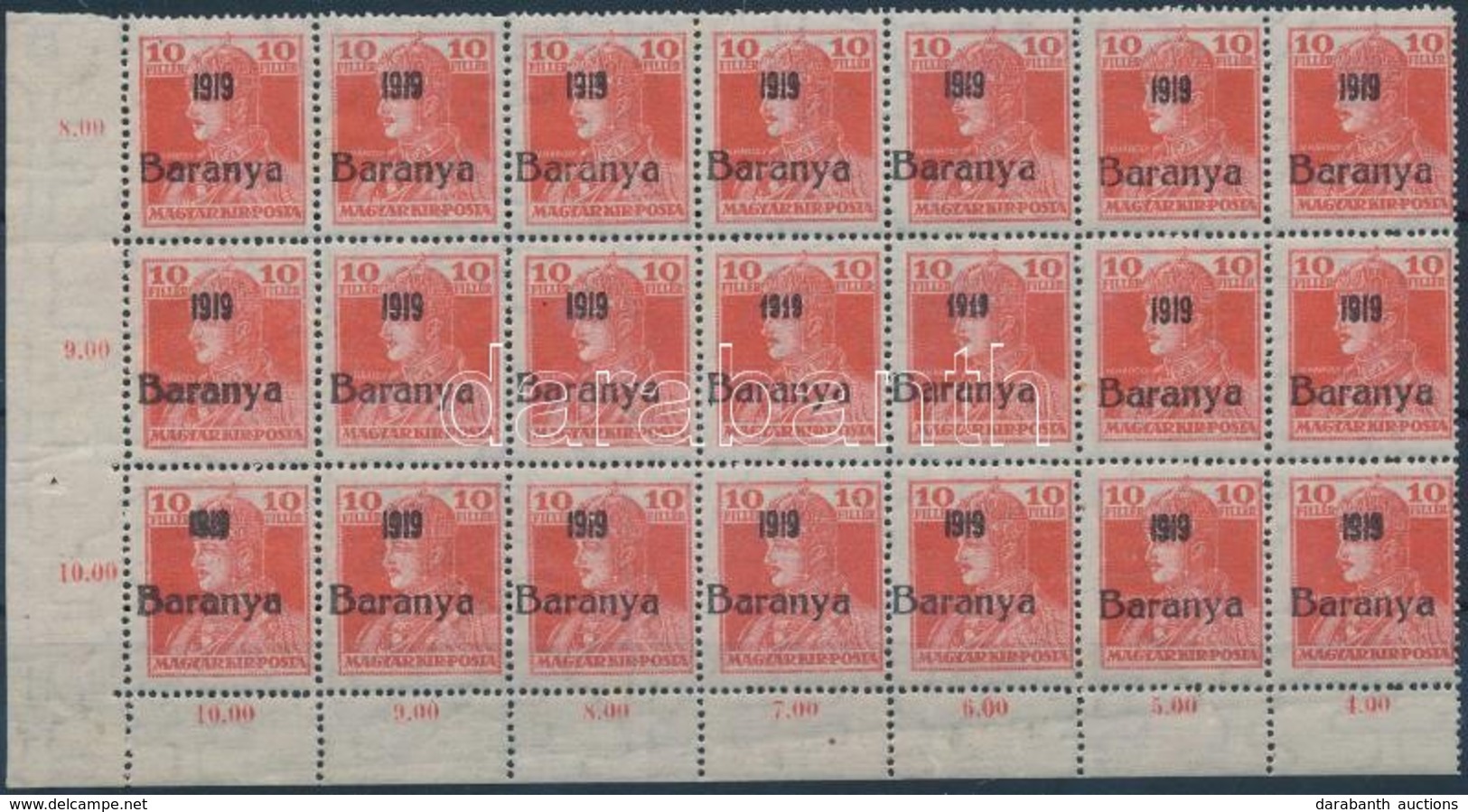 ** Baranya I 1919 Karoly 10f Ivsarki 21-es Toemb, Benne 2 Db Antikva / Block Of 21 With 2 Antigua Numbers, Signed Bodor - Andere & Zonder Classificatie