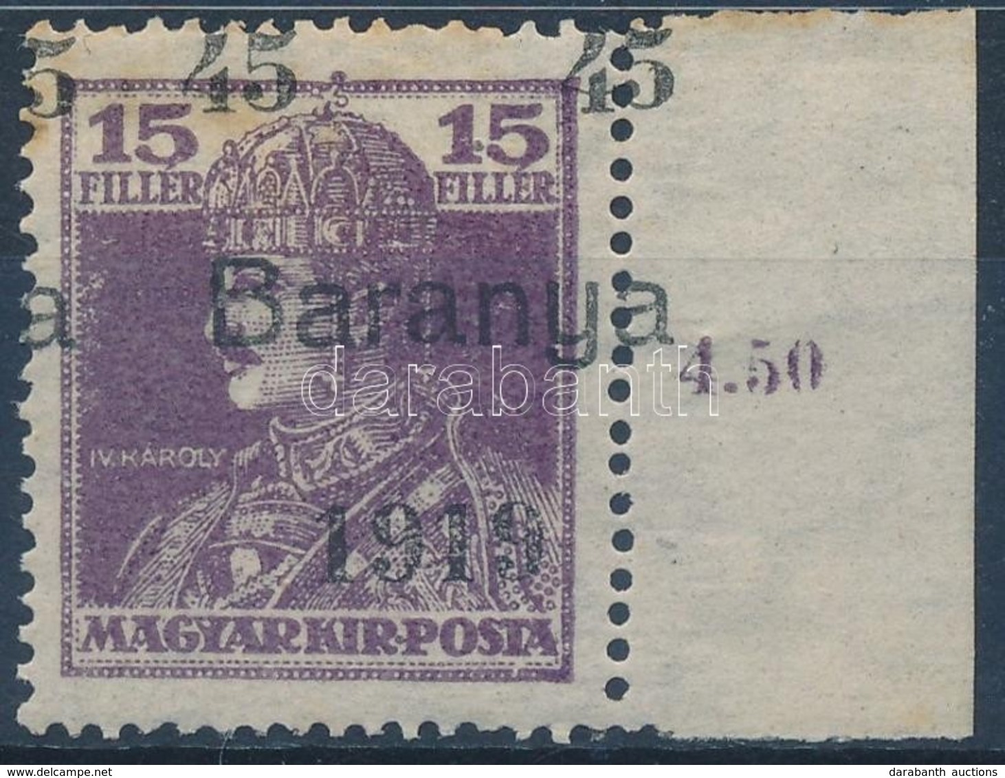 * Baranya I. 1919 Karoly 45f/15f Probanyomat Elcsuszott Feluelnyomassal, Bodor Vizsgalojellel (*12.500) (rozsda / Stain) - Other & Unclassified