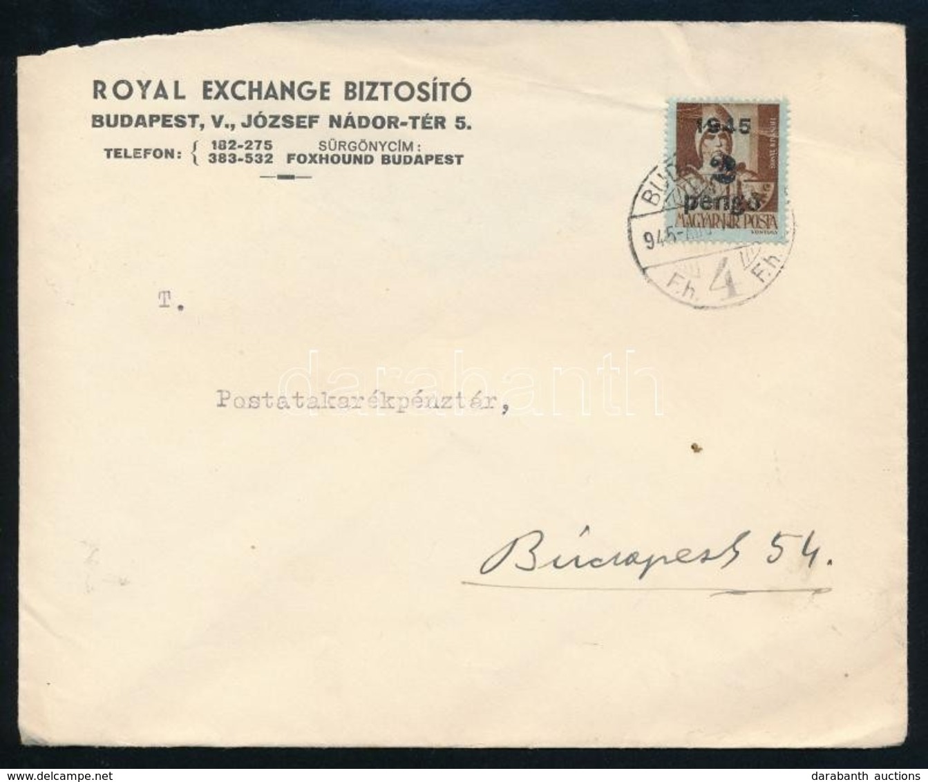 1945 (2. Dijszabas) Helyi Level Kisegit? 2P/4f Bermentesitessel (hianyzik A Hajtoka) - Other & Unclassified