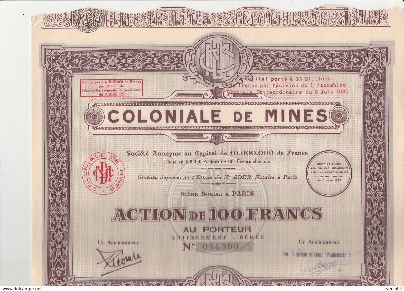 COLONIALE DE MINES - LOT DE 5 ACTIONS DE 100 FRANCS - 1929 - Mijnen