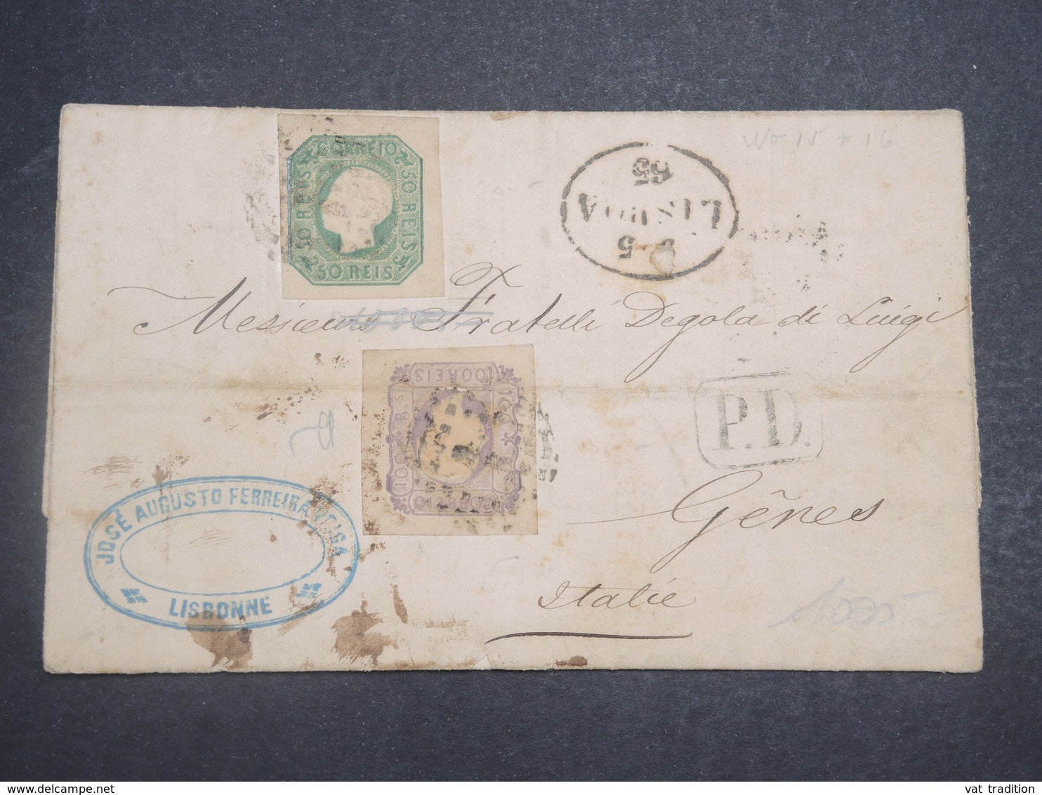 PORTUGAL - Lettre De Lisbonne Pour Gênes En 1865 , Affranchissement Bicolore - L 14888 - Lettres & Documents