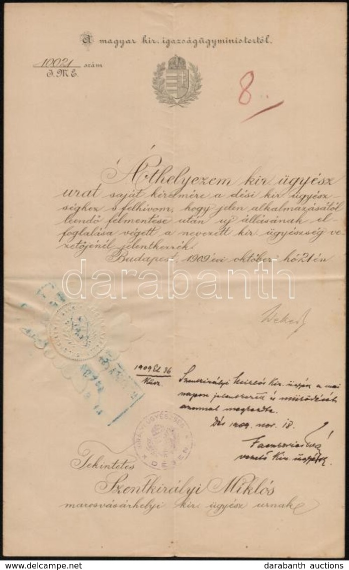 1909 Bp., Wekerle Sandor (1848-1921) Penzuegyminiszter, Miniszterelnoek Alairasa Uegyeszi Athelyezesi Okmanyon - Unclassified