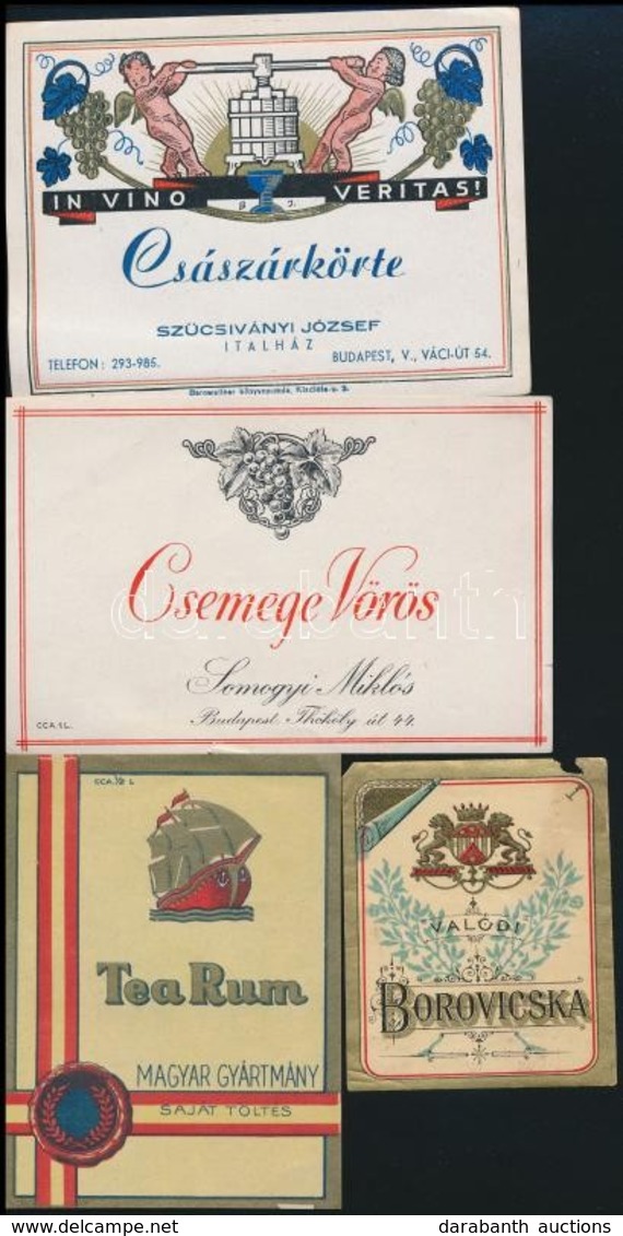 Cca 1910-1930 4 Db Italcimke: Somogyi Miklos Csemege Voeroes, Valodi Borovicska, Tea Rum, Szuecsivanyi Jozsef Csaszarkoe - Advertising