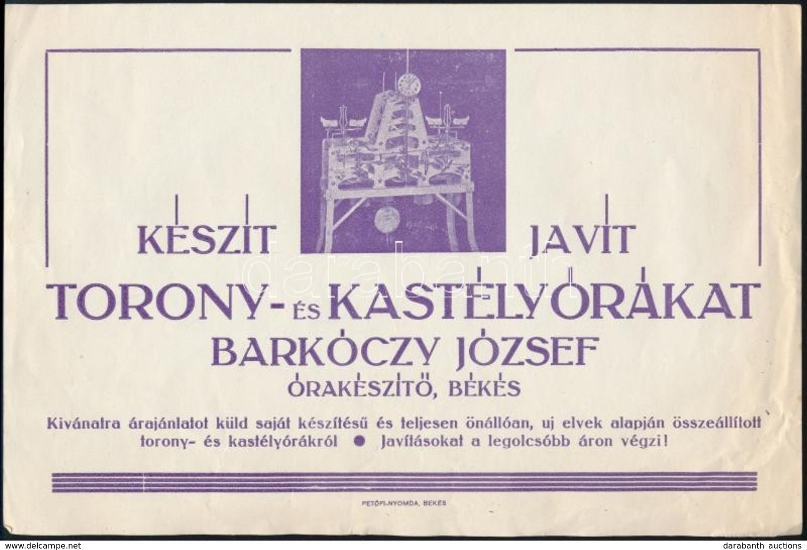 Cca 1920-1930 Bekes, Barkoczy Jozsef Torony- Es Kastelyorakeszit? Reklamos Szorolapja - Non Classificati