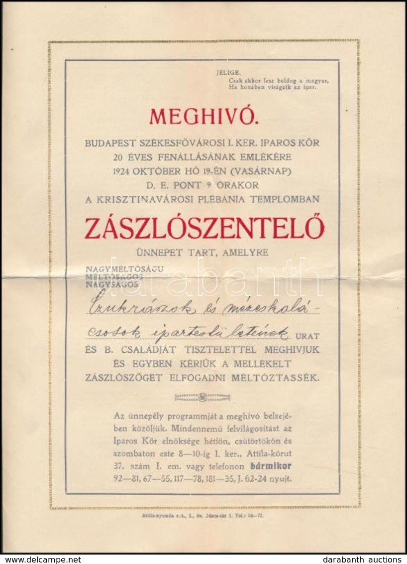 1924 Zaszloszentel?re Szolo Meghivo A Krisztinavarosba Az Iparoskoer Esemenyere. - Non Classificati