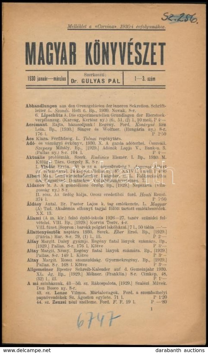 1930 Magyar Koenyveszet. 1930. Januar-marcius. 1-3. Sz. Szerk.: Dr. Gulyas Pal. Bp., Pallas-ny., 43+45+2+40 P. Atkoetoet - Unclassified