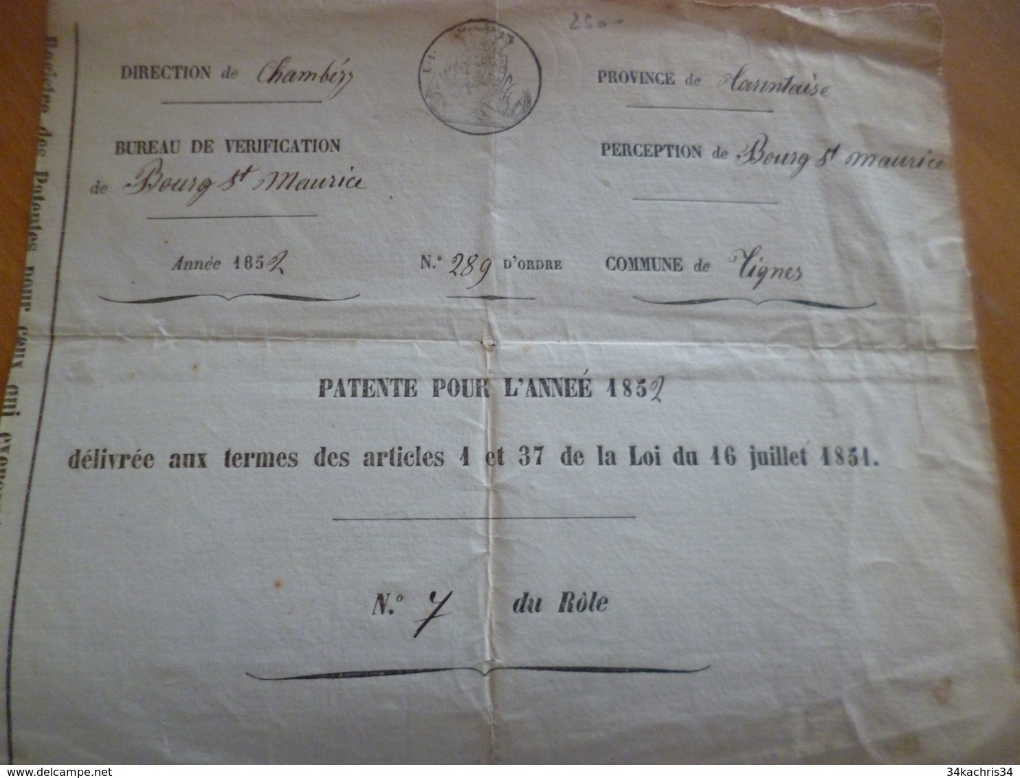 Patente Perception Bourg Saint Maurice Tignes 1852 Arnaud Frédéric Marchand Ambulant - Autres & Non Classés