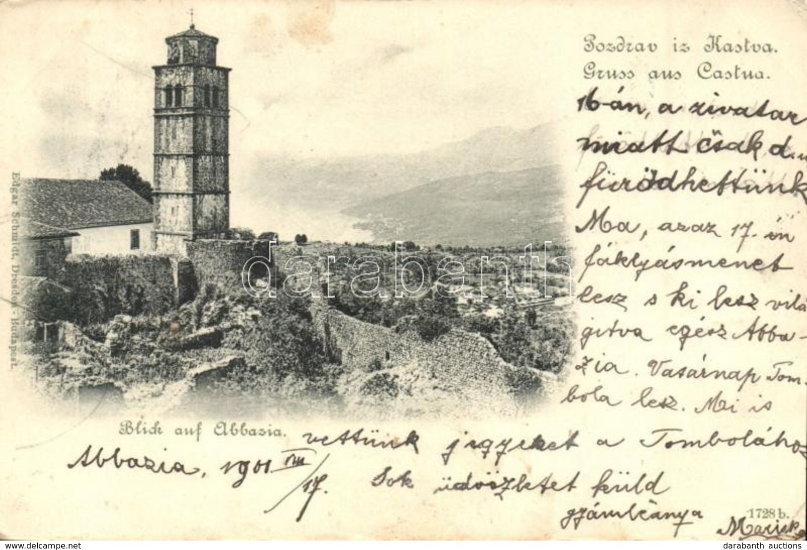 T2/T3 Kastav, Castua; Blick Auf Abbazia / Latkep Abbazia Fele, Templom. Edgar Schmidt / View To Abbazia, Church (kopott  - Non Classificati
