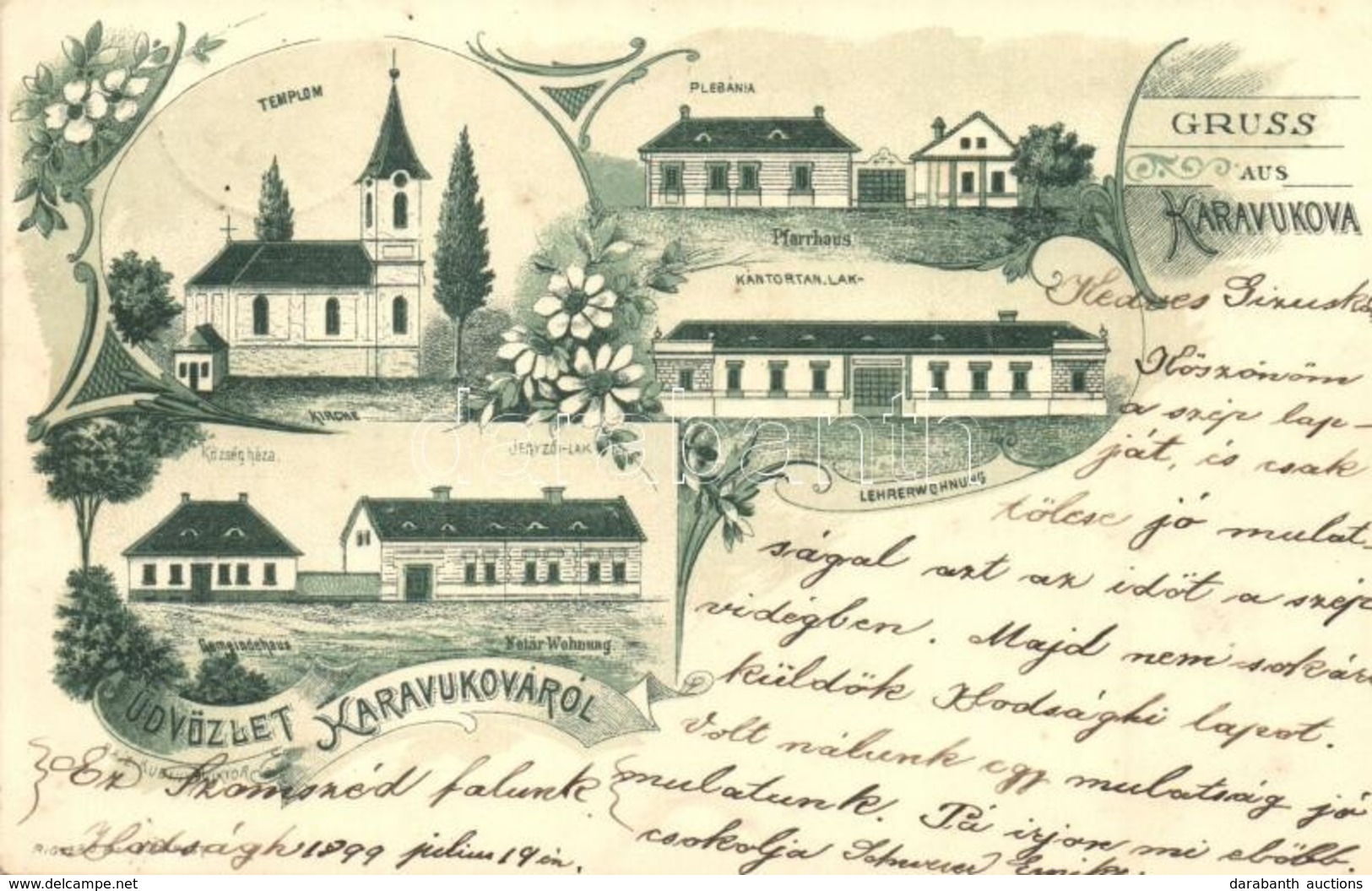 * T3 1899 Bacsordas, Karavukova, Karavukovo; Kirche, Pfarrhaus, Lehrer-Wohnung, Gemeindehaus, Notaer-Wohnung / Templom,  - Sin Clasificación