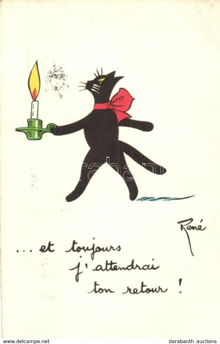 T2/T3 Cat Walks With Candle. French Art Postcard. S: Rene (EK) - Unclassified