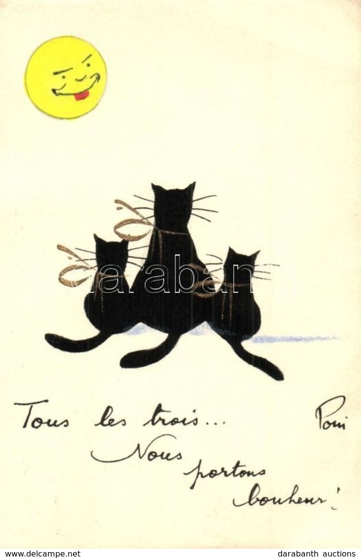 T2/T3 Cats Watching The Moon Or The Sun. French Hand-drawn Art Postcard. S: Poui (EB) - Unclassified
