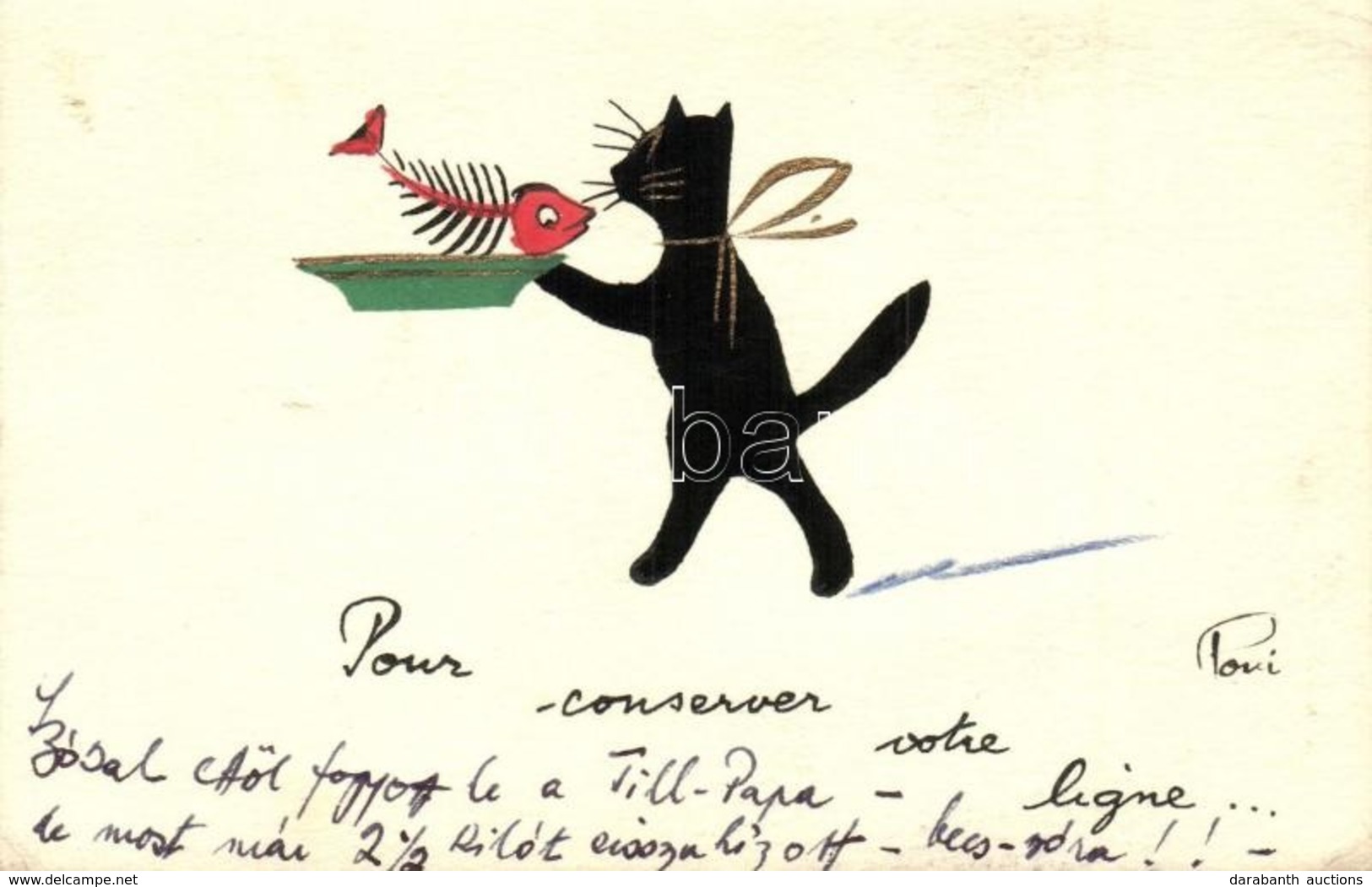T2/T3 Cat With Fishbones. French Hand-drawn Art Postcard. S: Poui (EK) - Non Classificati