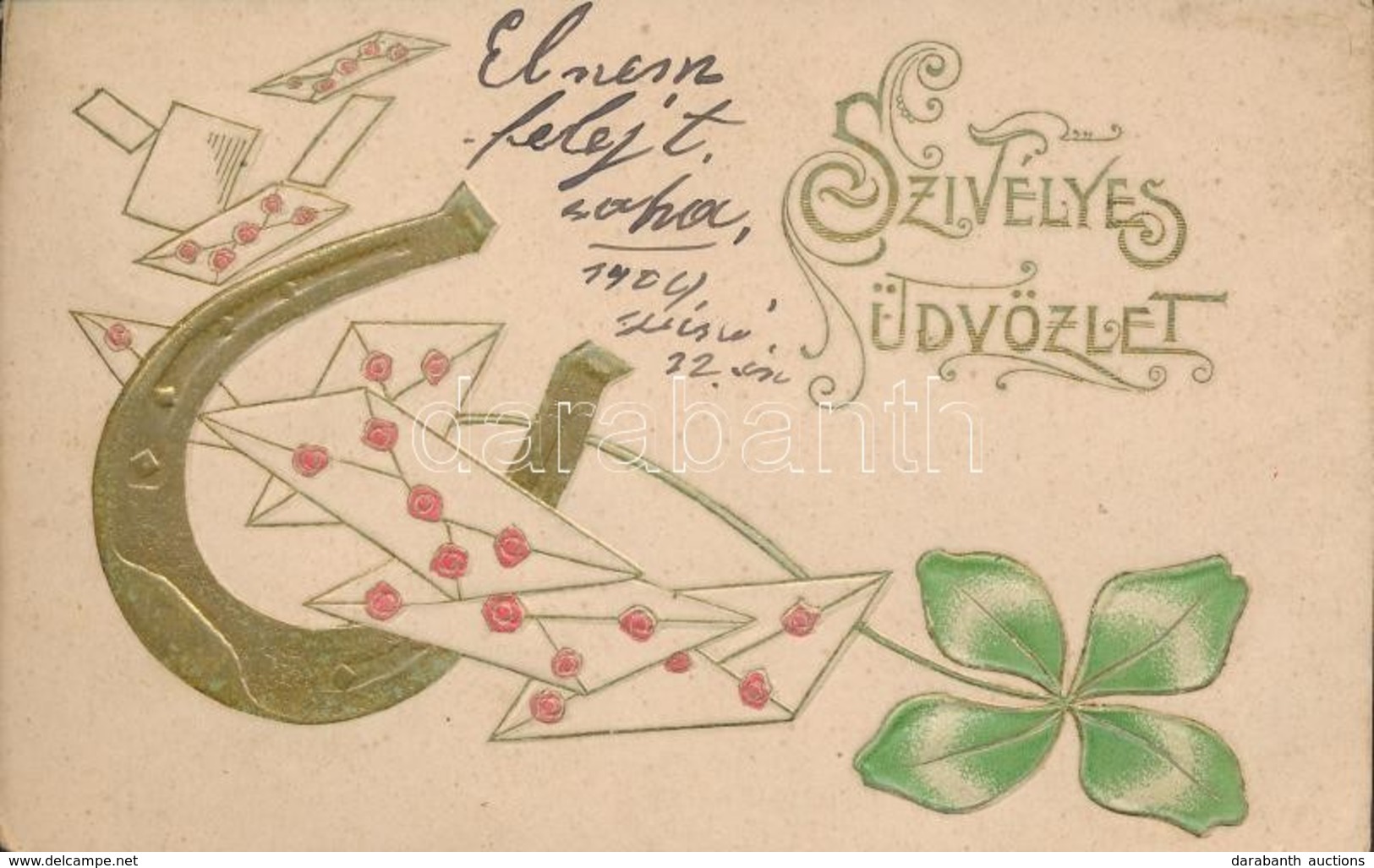 T2/T3 Greeting Card, Horse Shoe, Clover, Golden Emb. Litho (Rb) - Unclassified