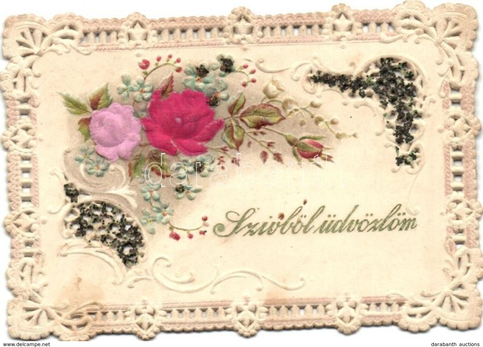 * T2 Floral Emb. Art Nouveau Litho Romantic Greeting Card With Silk Roses (11 Cm X 8 Cm) - Zonder Classificatie