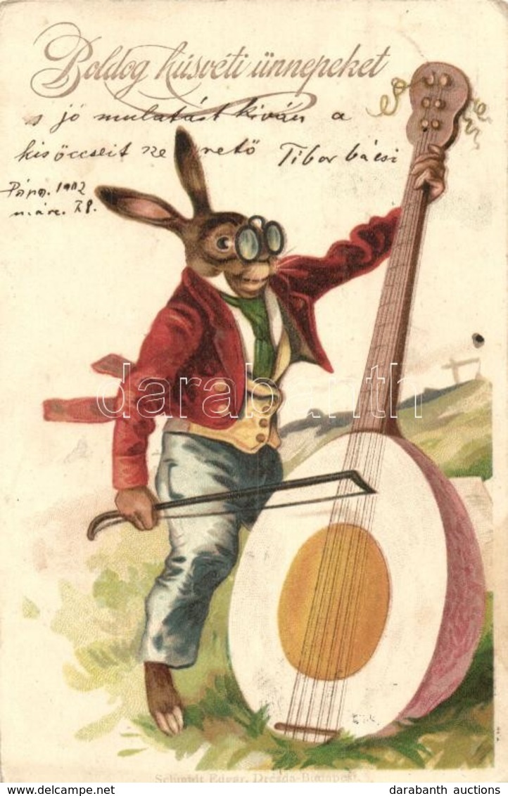 T2/T3 Boldog Husveti Uennepeket! / Easter Greeting Card. Rabbit Playing Egg Double Bass. Schmidt Edgar Litho (EK) - Zonder Classificatie