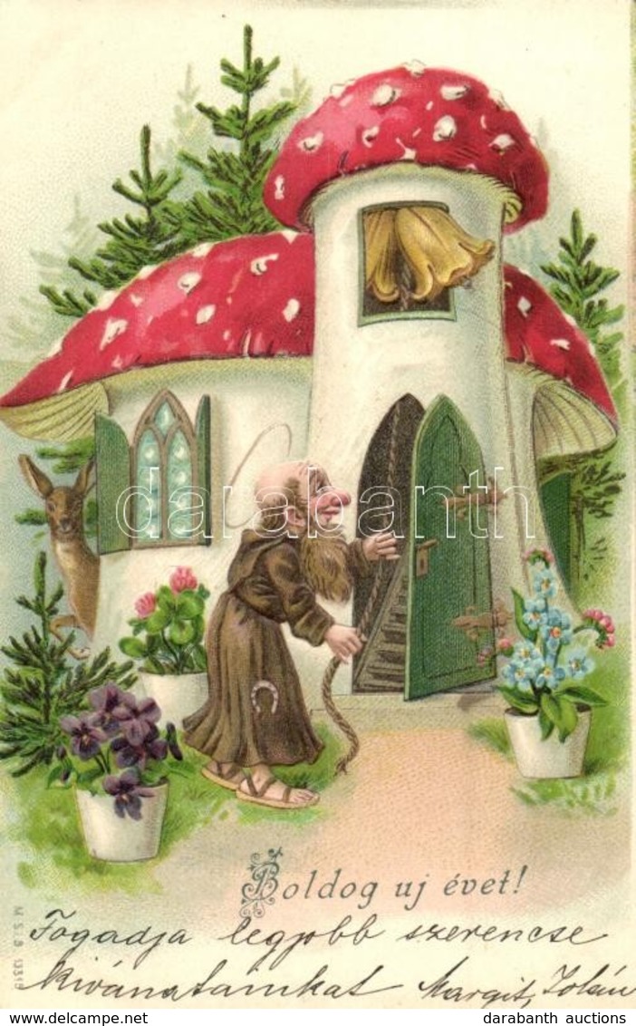 T2 Boldog Ujevet! / New Year Greeting Card, Mushroom House With Dwarf And Deer. Emb. Litho - Zonder Classificatie