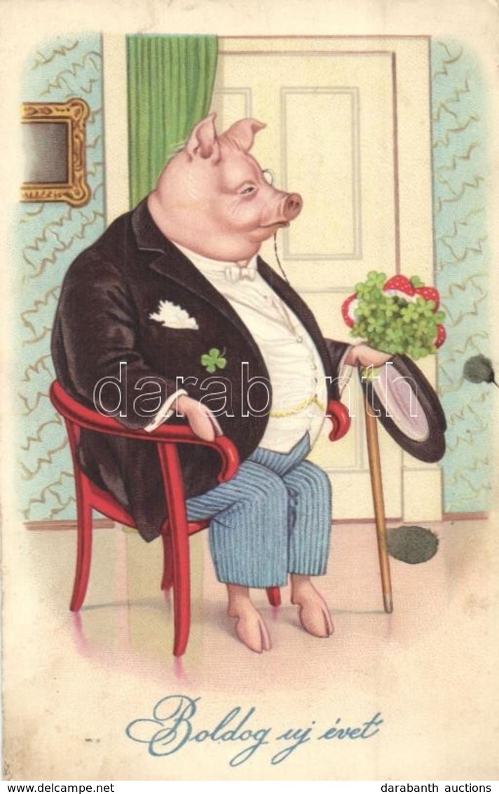 T2/T3 Boldog Ujevet! / New Year Greeting Card, Pig Gentleman Sitting In A Chair. Amag 1879. Litho (EK) - Zonder Classificatie