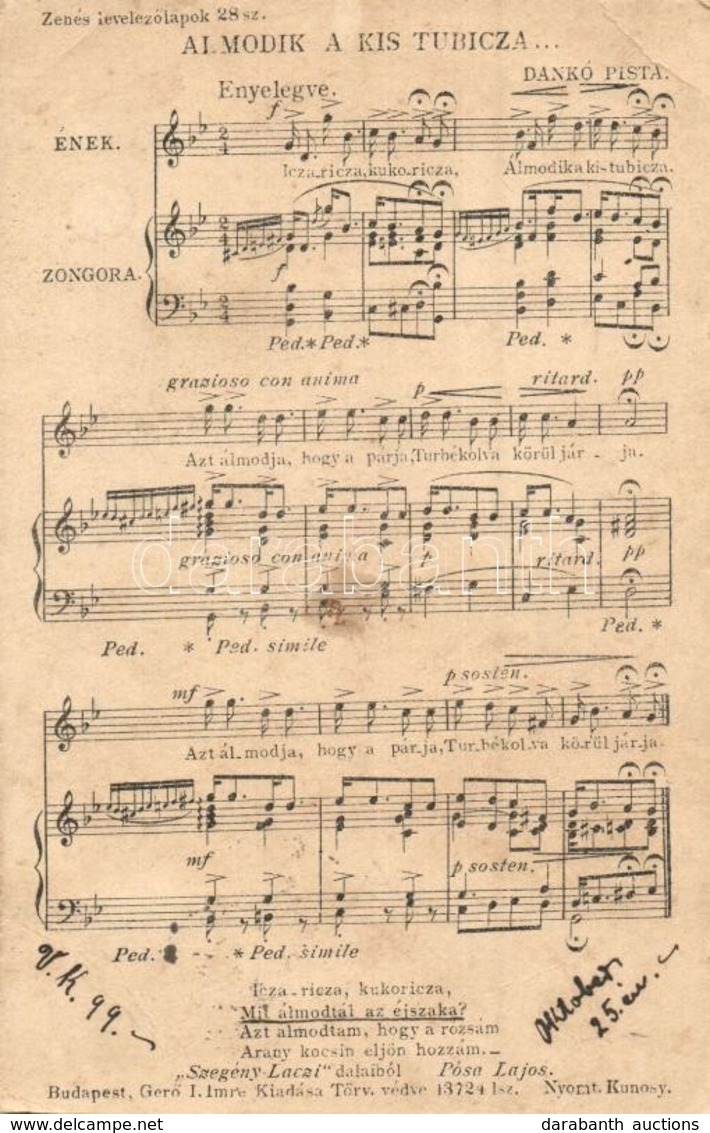 T3 1899 'Almodik A Kis Tubica...' Zenes Levelez?lapok No. 28, Ger? Imre Kiadasa / Hungarian Music Sheet Postcard (EK) - Zonder Classificatie