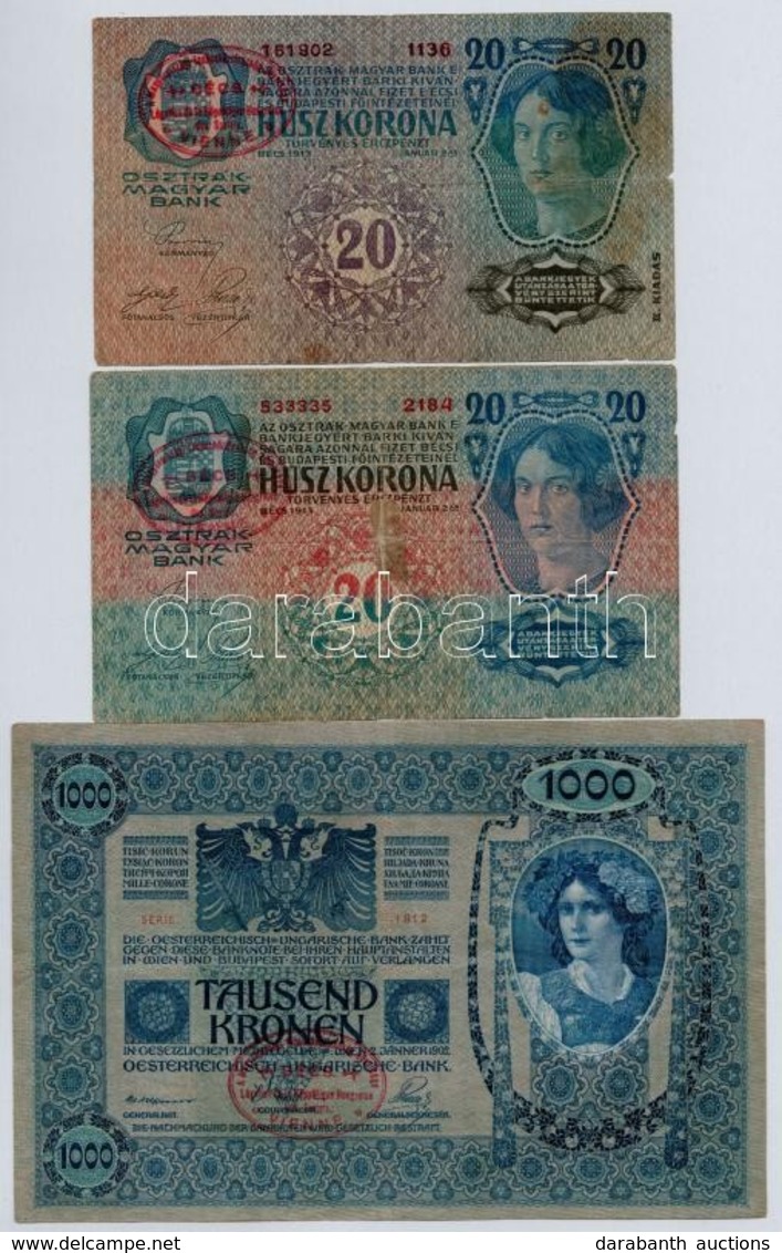 1902. 1000K + 1913. 20K (2xklf) Egyik II. Kiadas; Mindharom Bankjegy Piros 'Deutschoesterreich' Feluelbelyegzessel Es Ha - Unclassified