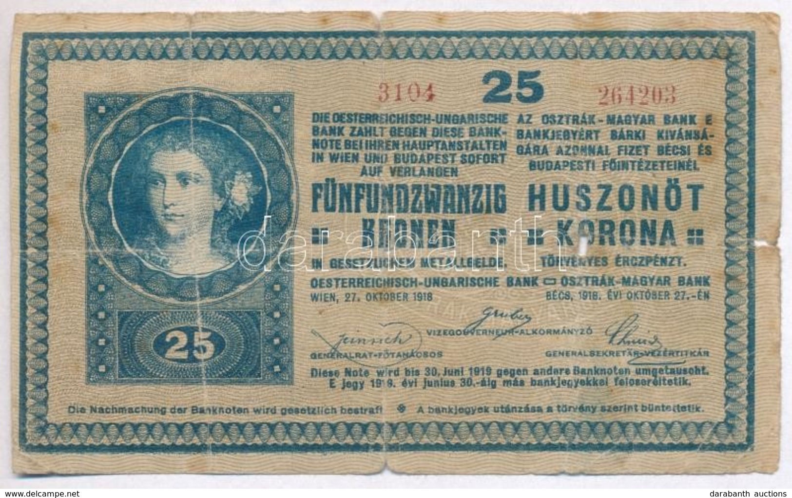 1918. 25K '3104' 3mm, Hullamos Hatlap, Hamis 'Szegedi Nepbank' Feluelbelyegzessel (fake Overprint) T:IV - Non Classificati