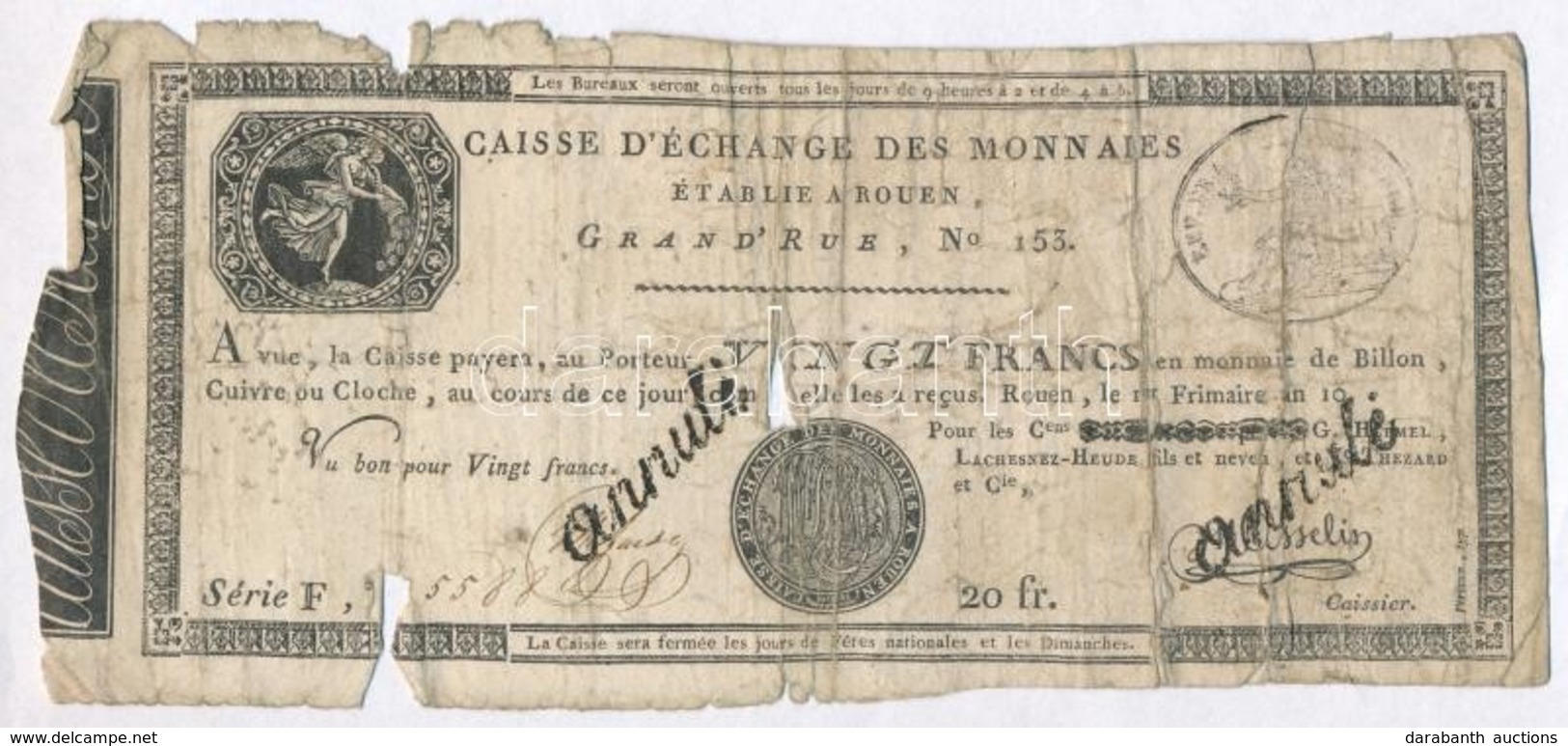 Franciaorszag / Rouen 1797-1803. 20Fr 'annule (ervenytelen)' Feluelbelyegzessel T:IV France / Rouen 1797-1803. 20 Francs - Unclassified