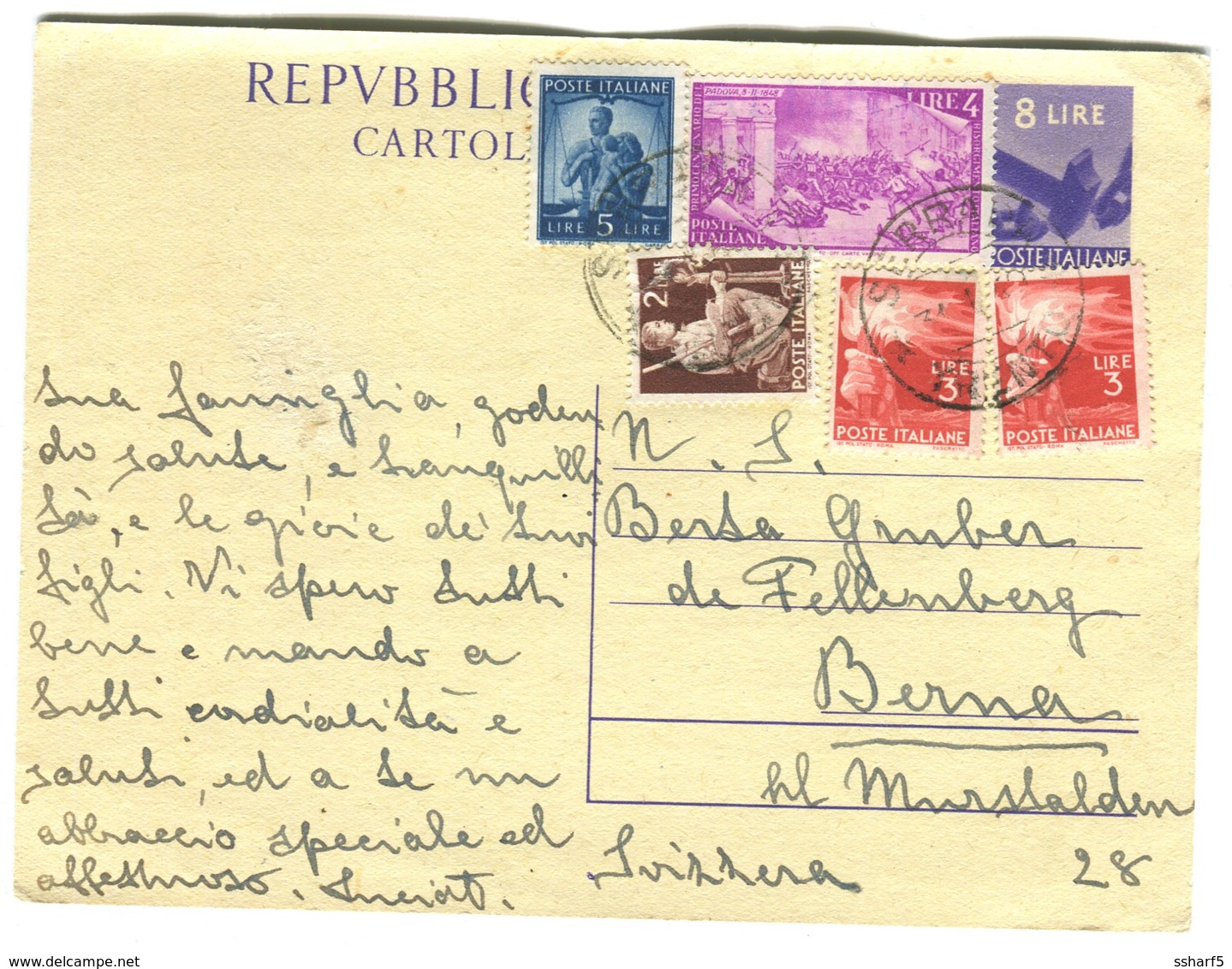 1948 Cart. Postale 8 Lire Con Franchigia Suppl. Andata In Svizzera 1950 - Interi Postali