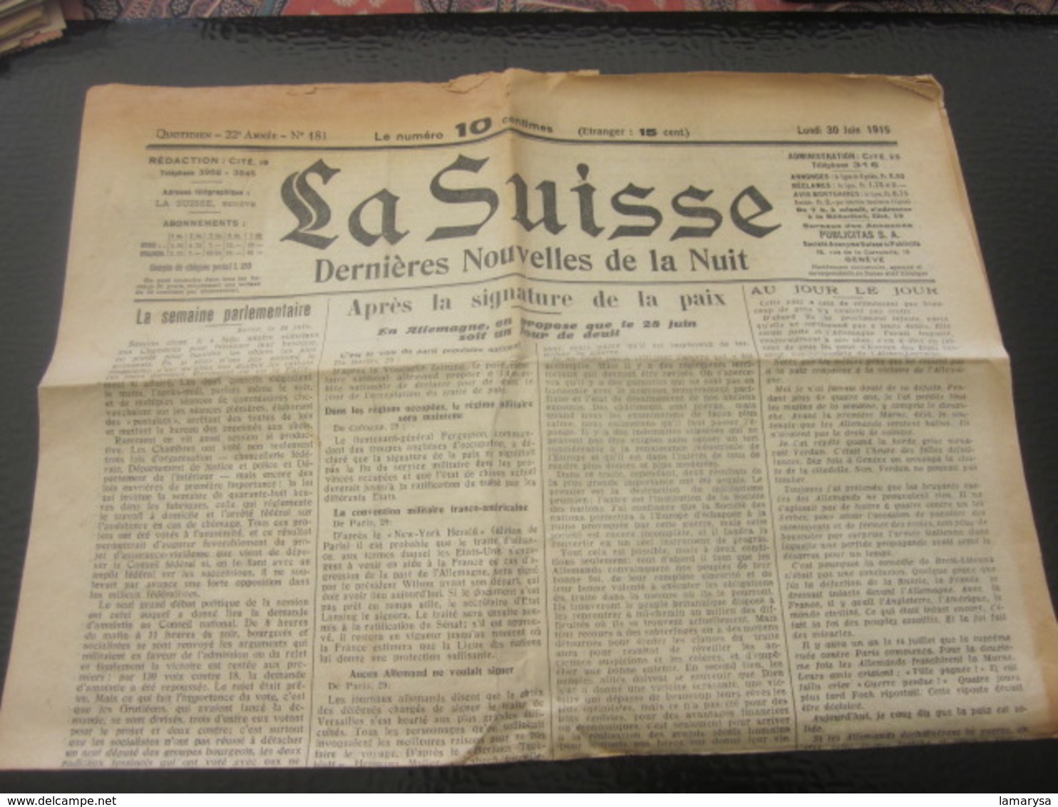 LA SUISSE GENÈVE DERNIÈRES NOUVELLES DE LA NUIT JOURNAL QUOTIDIEN N° 81 LUNDI 30 MAI 1919 APRES GUERRE LIRE TITRES. PUBS - Autres & Non Classés