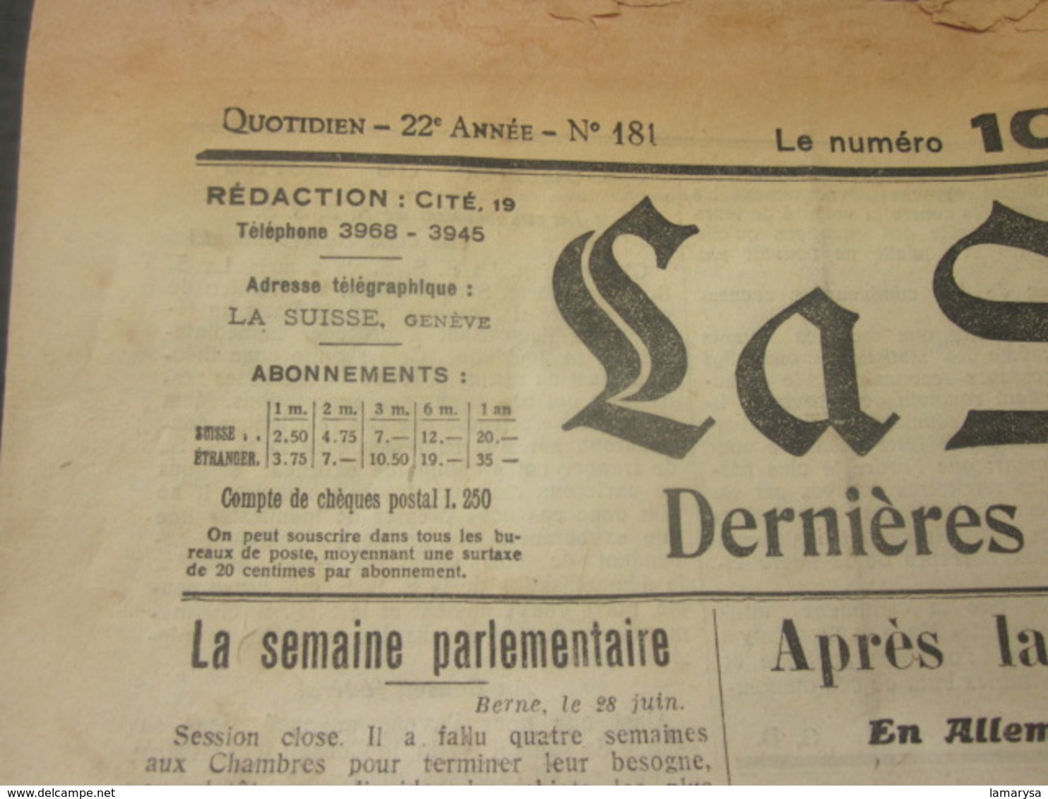 LA SUISSE GENÈVE DERNIÈRES NOUVELLES DE LA NUIT JOURNAL QUOTIDIEN N° 81 LUNDI 30 MAI 1919 APRES GUERRE LIRE TITRES. PUBS - Autres & Non Classés