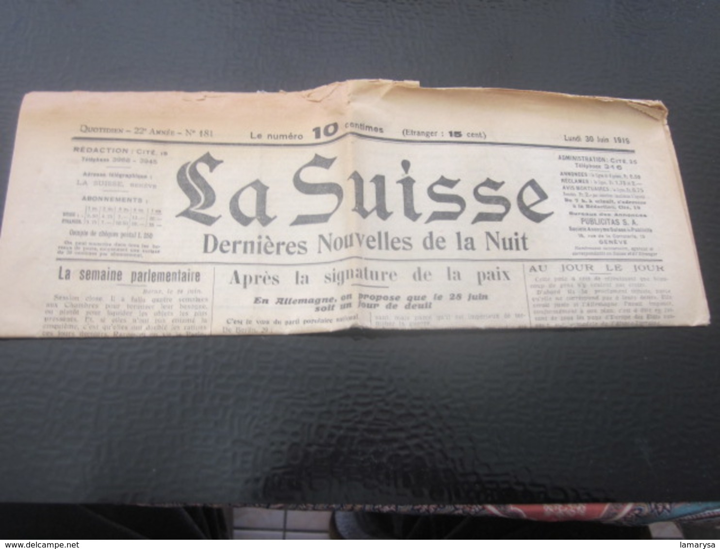 LA SUISSE GENÈVE DERNIÈRES NOUVELLES DE LA NUIT JOURNAL QUOTIDIEN N° 81 LUNDI 30 MAI 1919 APRES GUERRE LIRE TITRES. PUBS