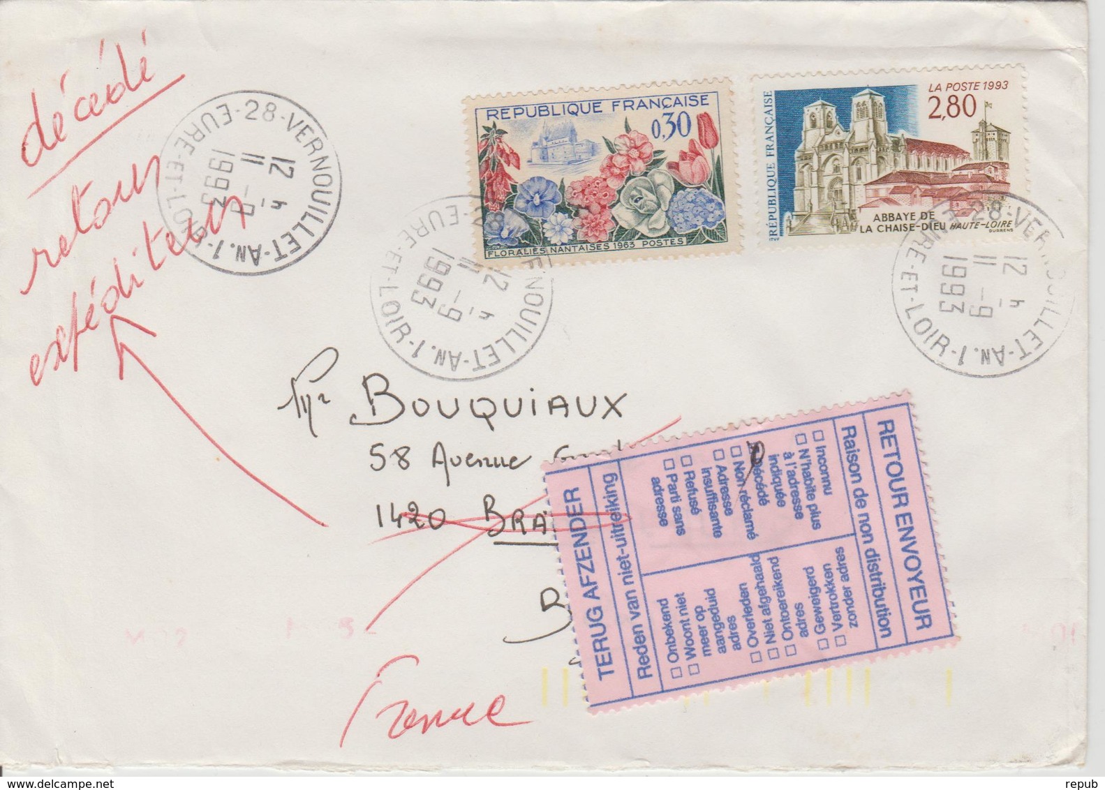 France 1993 Lettre Pour La Belgique Avec Vignette Belge Retour Envoyeur Décédé - 1961-....