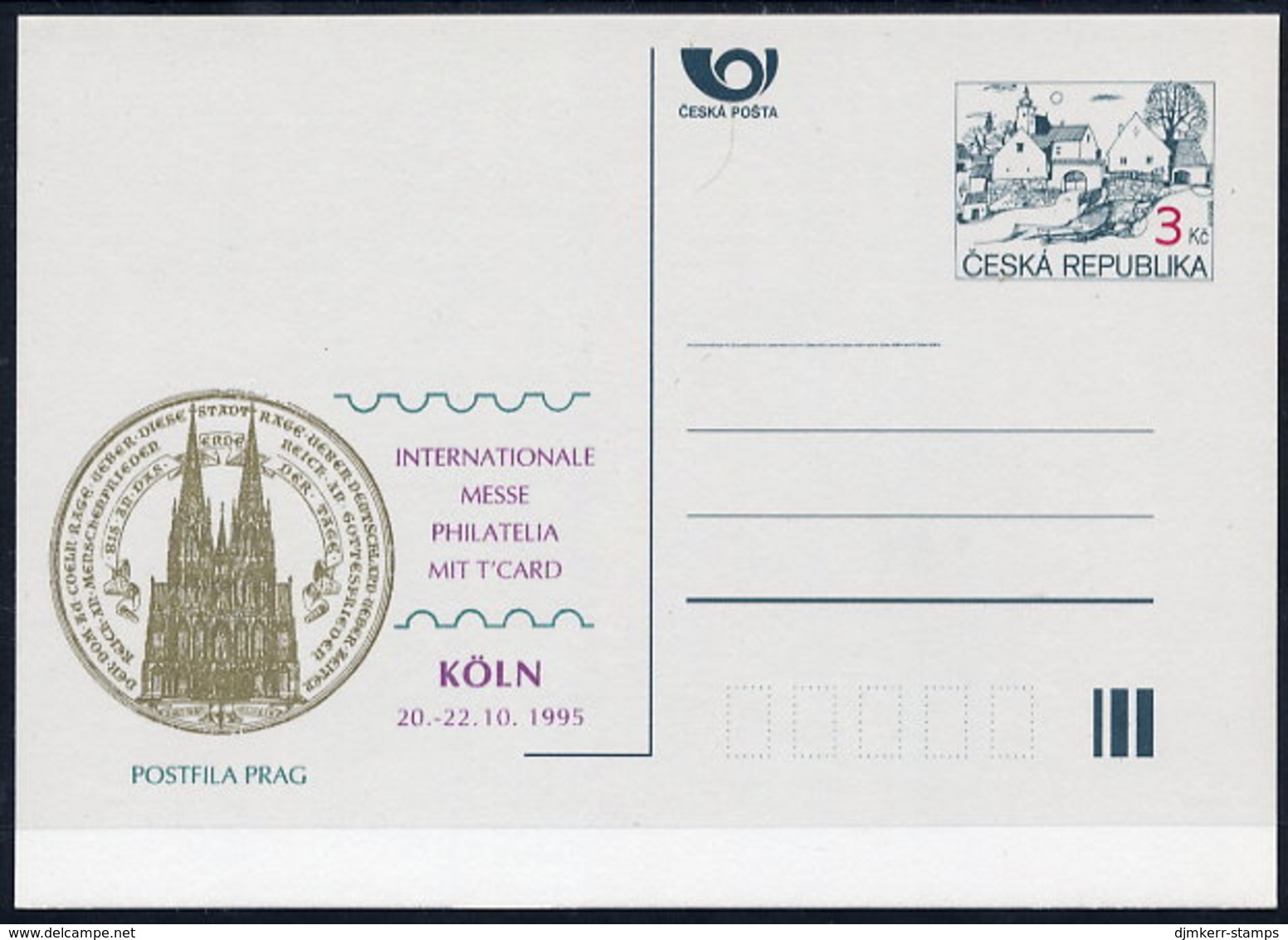 CZECH REPUBLIC 1995 3 Kc.postcard Köln '95 Unused.  Michel P7-A5 - Postales