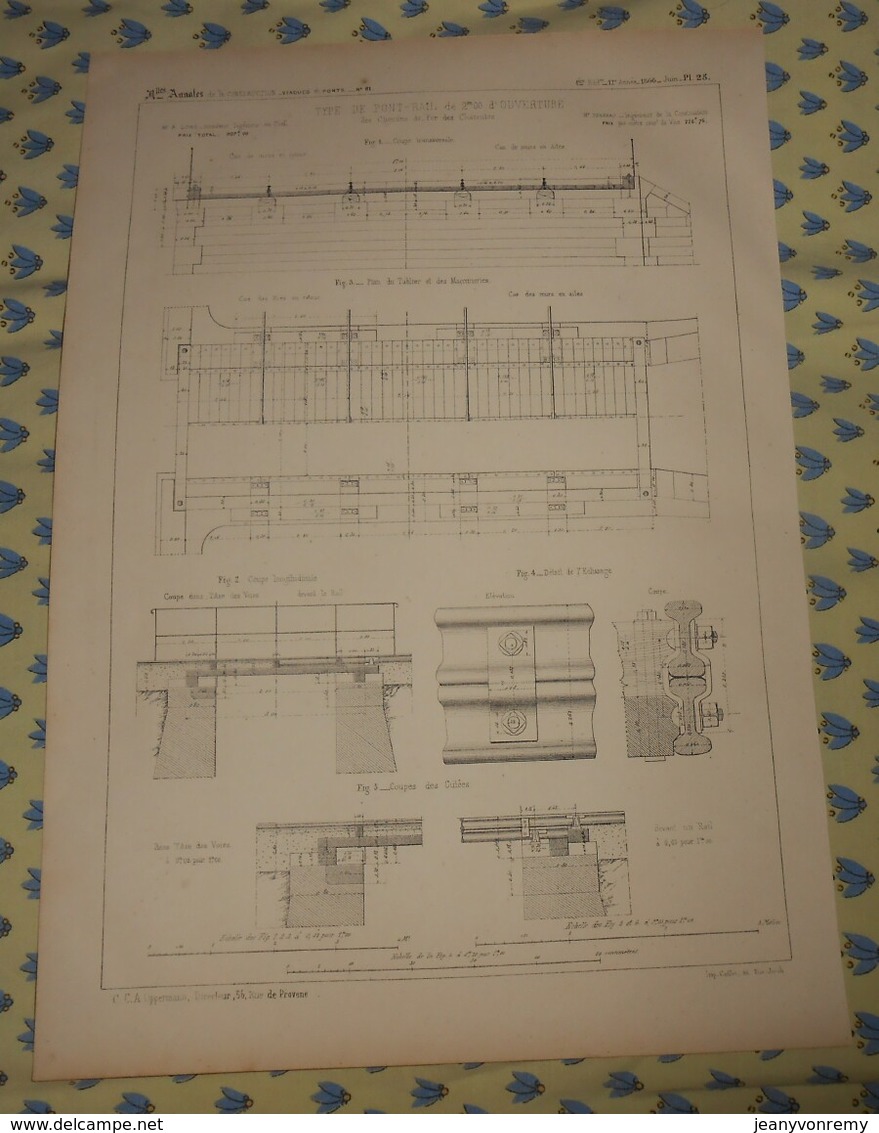 Plan D'un Type De Pont-Rail De 2 Mètres D'ouverture Des Chemins De Fer Des Charentes. 1866 - Travaux Publics