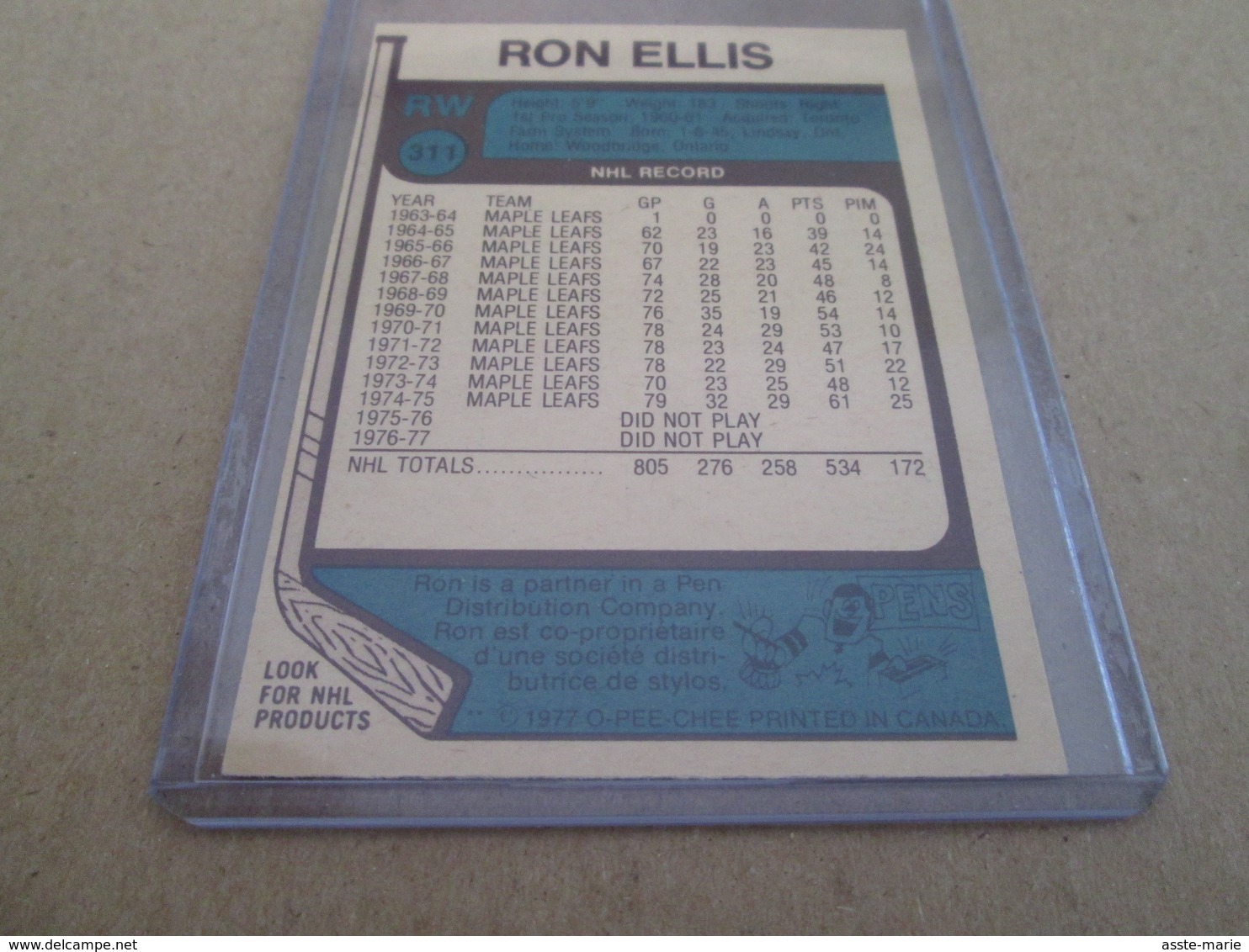 1977-1978 OPC RON ELLIS / 311 TORONTO MAPLE LEAFS - 1970-1979