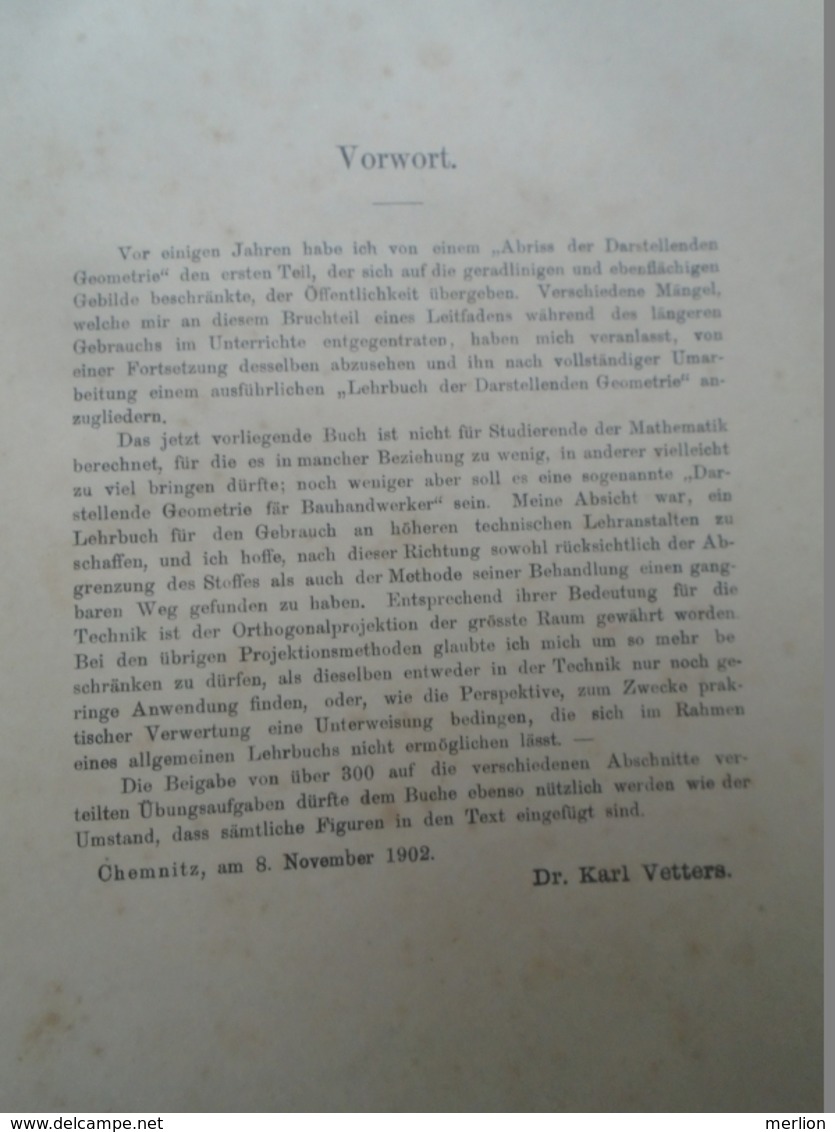 B005   Lehrbuch  Der Darstellenden Geometrie Von Karl Vetters -  Hannover 1902  -Chemnitz 1902 - Libros Antiguos Y De Colección