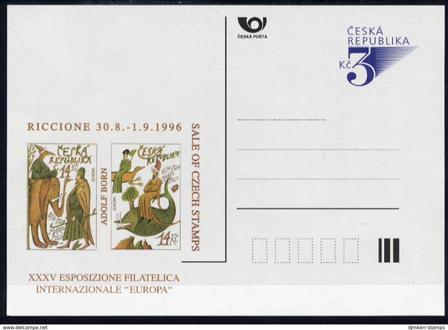 CZECH REPUBLIC 1996 3 Kc. Postcard Riccione Europa Exhibition Unused.  Michel P19-A4 - Postcards