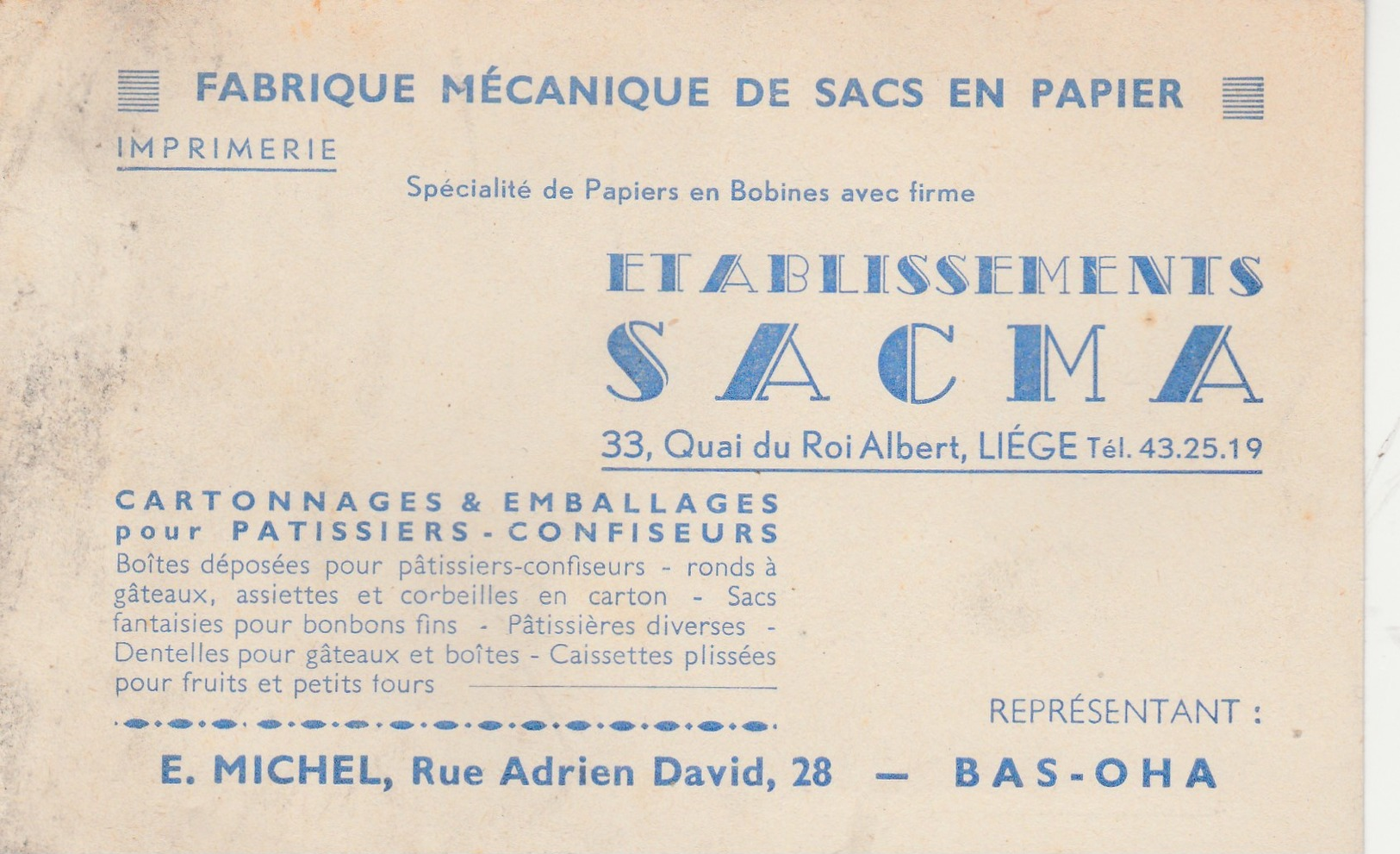 Bas-Oha , Carte Publicité ,SACMA ,fabrique Mécanique De Sacs En Papier ,représentant E.Michel - Wanze