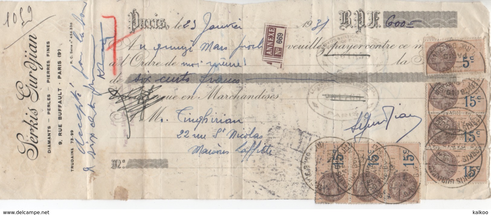 Lettre De Change ( Serkis Gurdjian // Diamants - Perles - Pierres Fines // Paris 9 ) 1931 - Bills Of Exchange