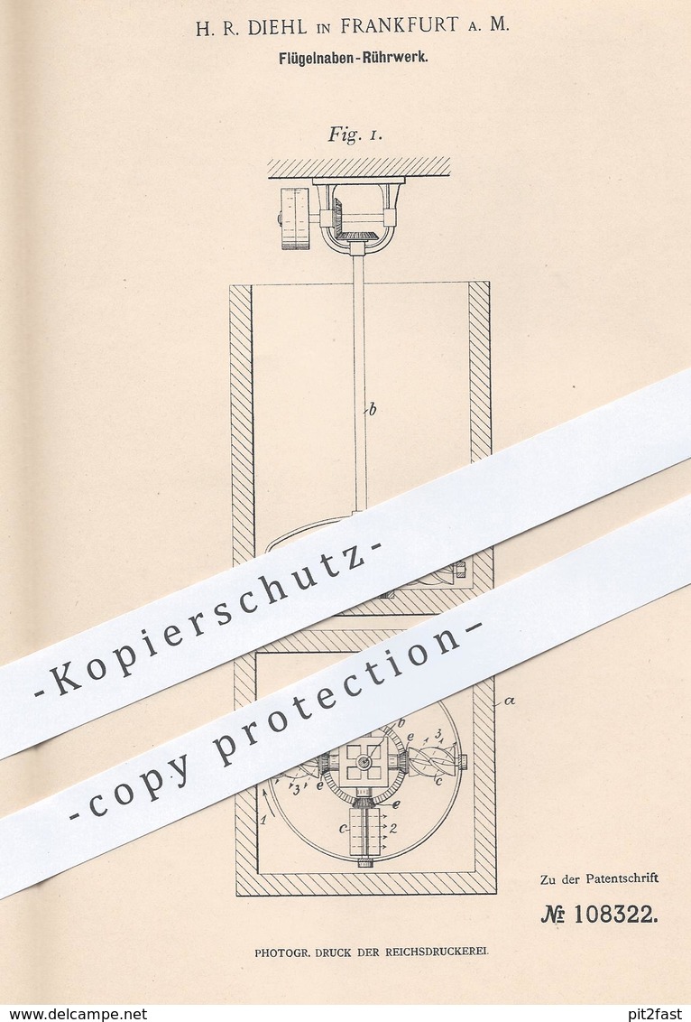 Original Patent - H. R. Diehl , Frankfurt / Main , 1898 , Flügelnaben - Rührwerk | Leder , Gerber , Gerberei , Gerben ! - Historische Dokumente